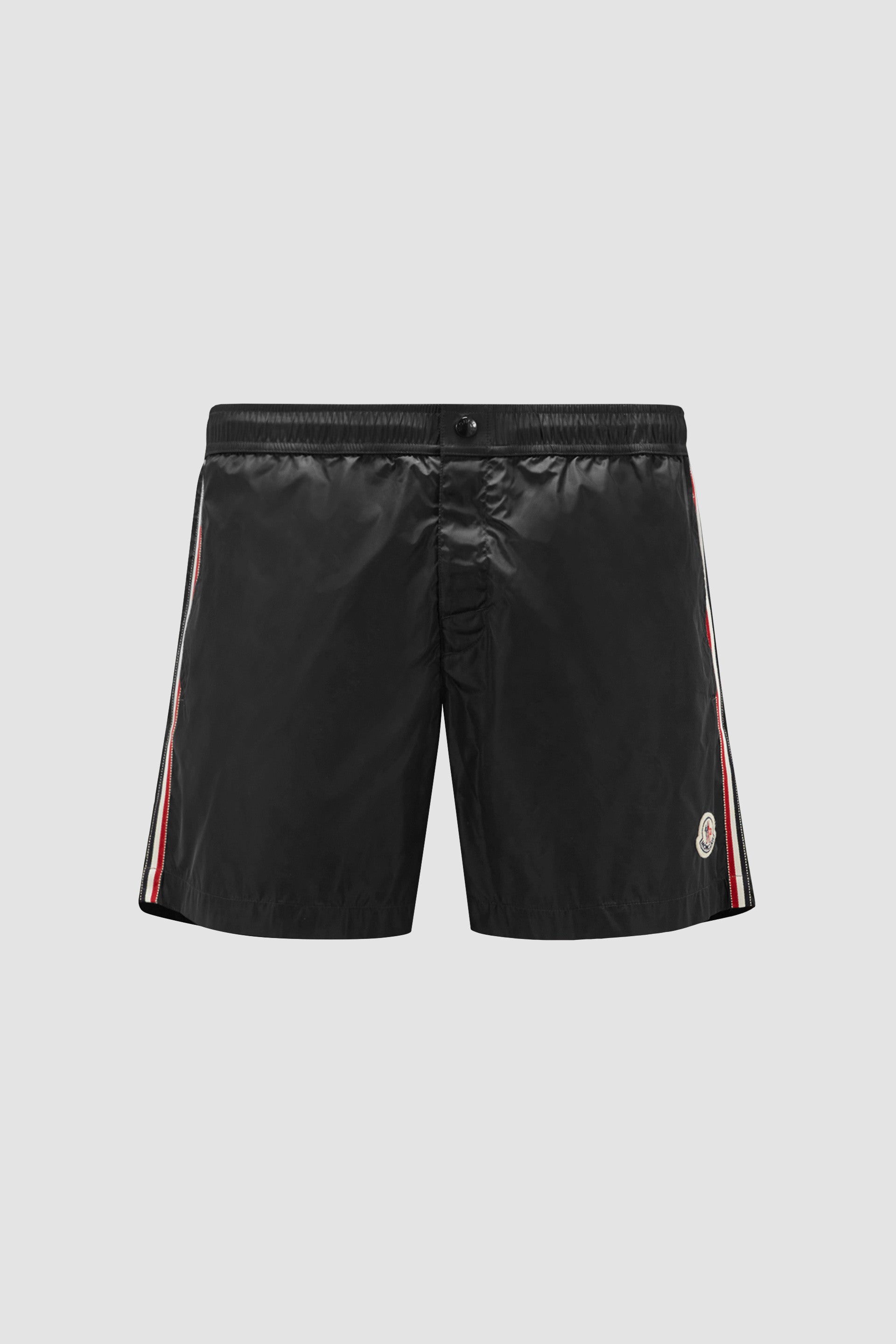 Luxury swim shorts, Moncler swimwear, tricolor trim swim shorts, black swim shorts, designer beachwear