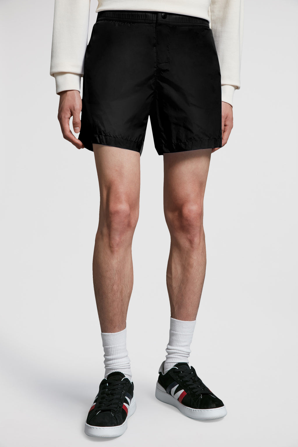 Luxury swim shorts, Moncler swimwear, tricolor trim swim shorts, black swim shorts, designer beachwear