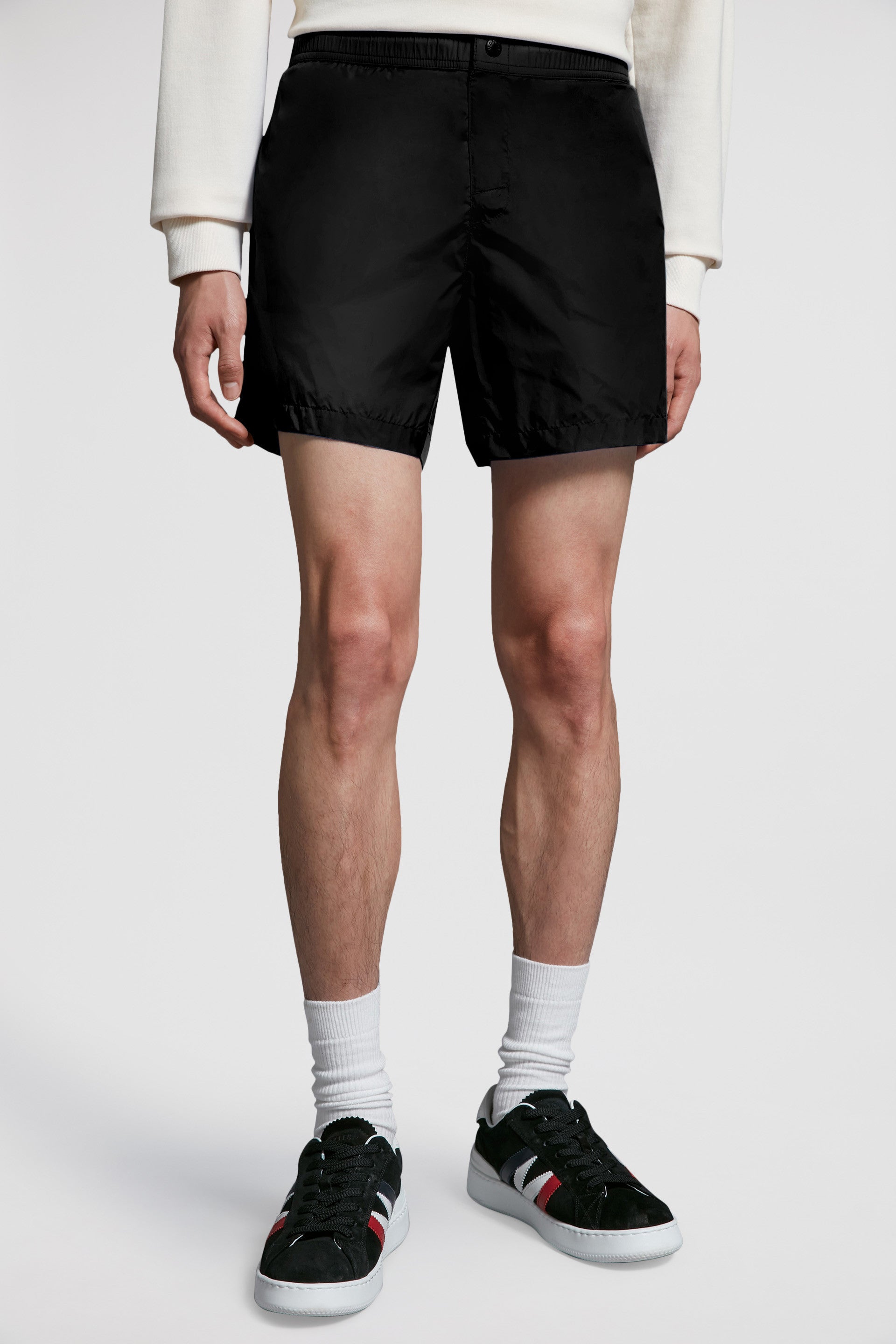 Luxury swim shorts, Moncler swimwear, tricolor trim swim shorts, black swim shorts, designer beachwear