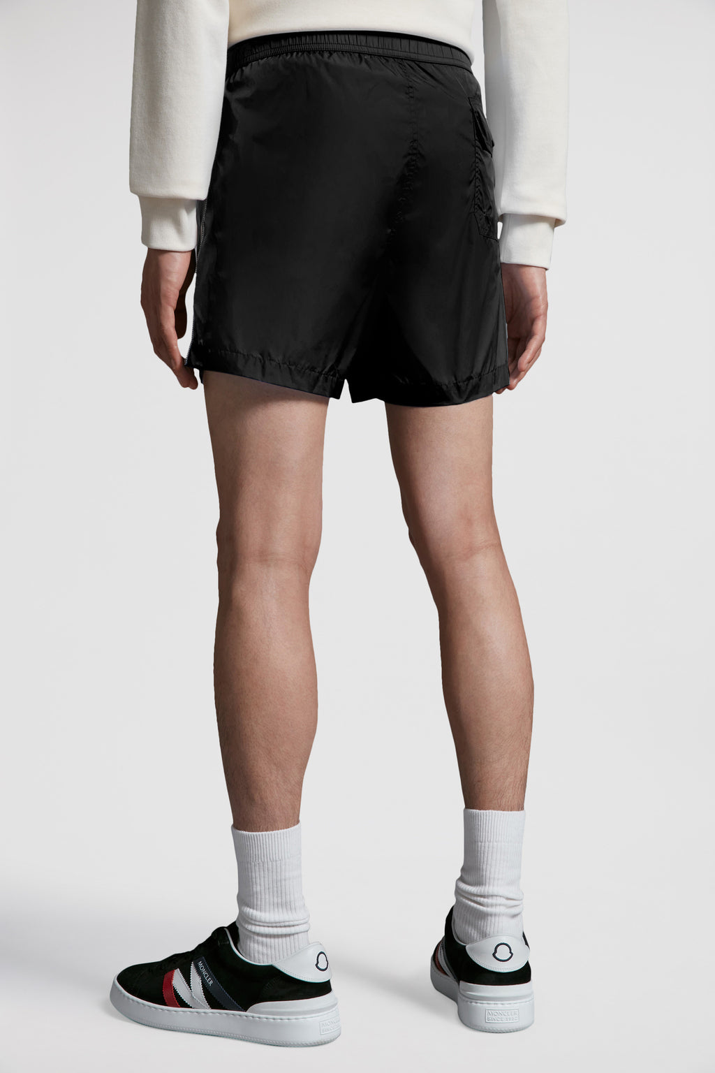 Luxury swim shorts, Moncler swimwear, tricolor trim swim shorts, black swim shorts, designer beachwear