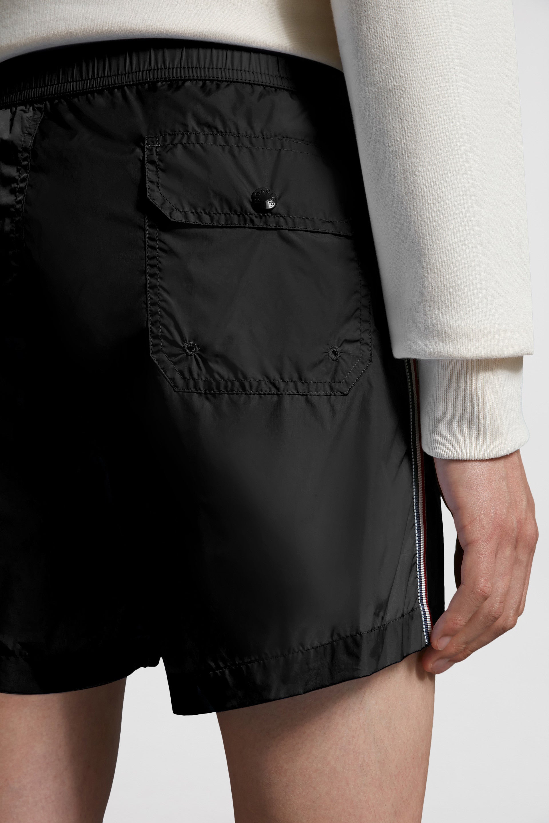 Luxury swim shorts, Moncler swimwear, tricolor trim swim shorts, black swim shorts, designer beachwear