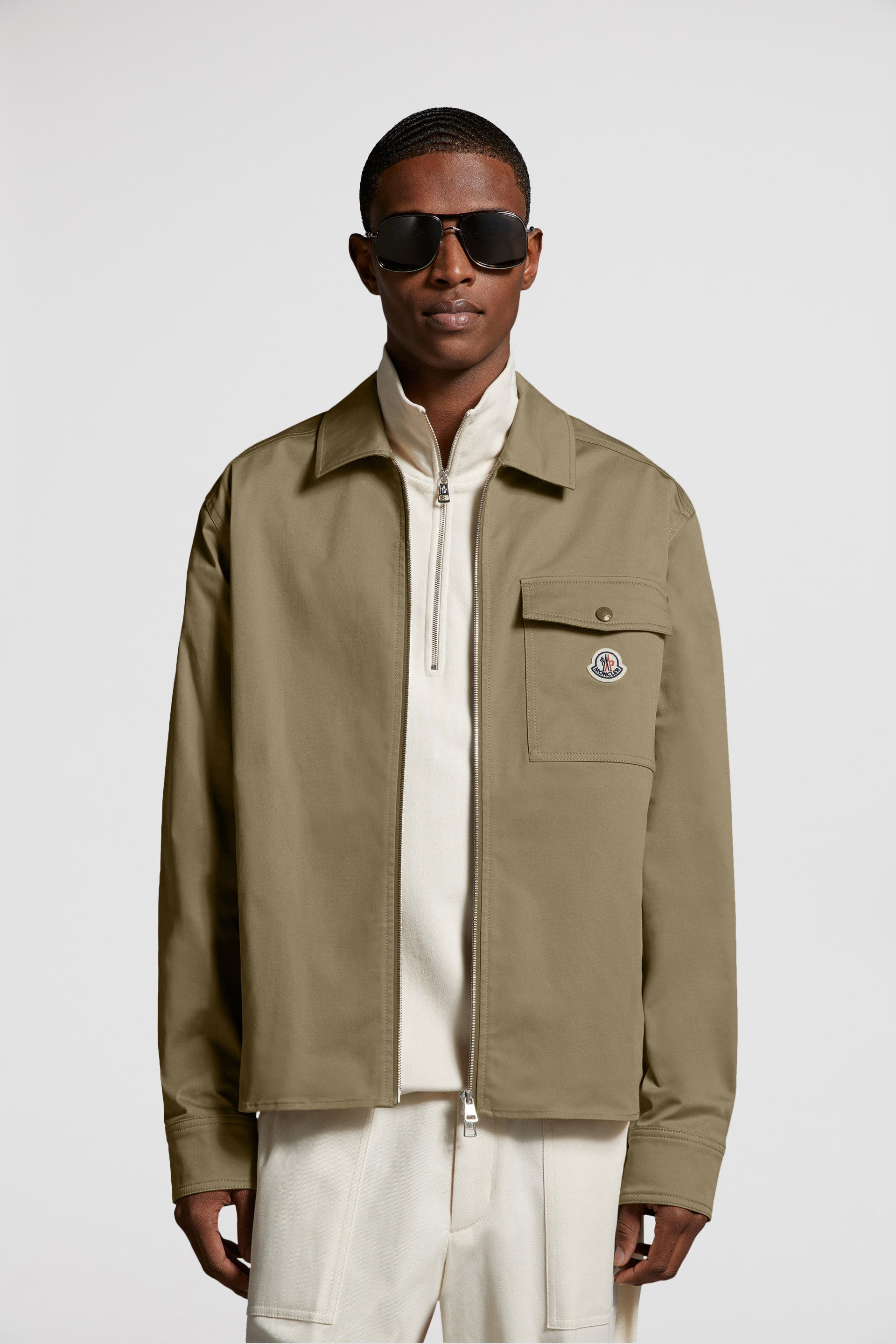 Moncler jacket, Camel shirt jacket, Zip-up shirt, Luxury men's wear, Elegant outerwear