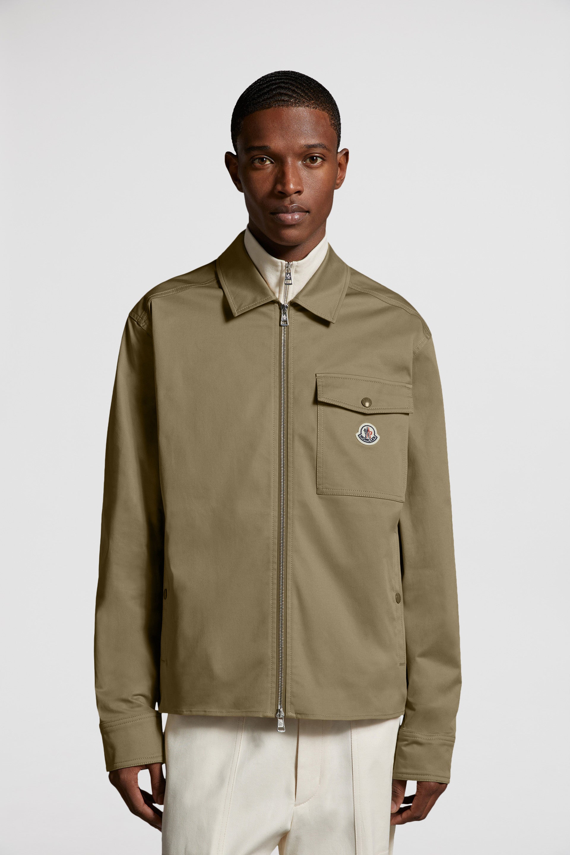 Moncler jacket, Camel shirt jacket, Zip-up shirt, Luxury men's wear, Elegant outerwear