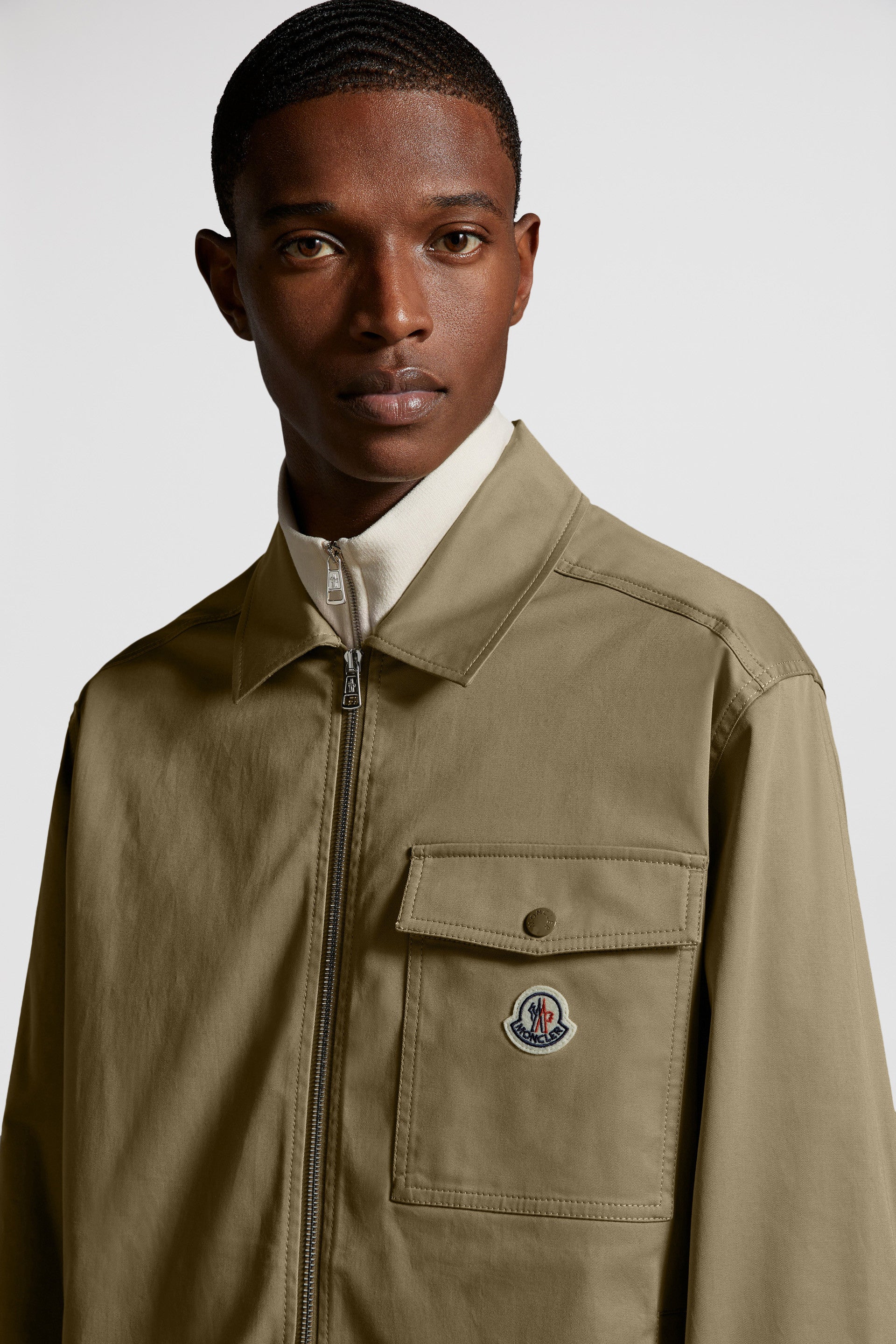 Moncler jacket, Camel shirt jacket, Zip-up shirt, Luxury men's wear, Elegant outerwear