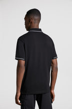 Moncler, black polo, luxury polo, logo trim, designer menswear