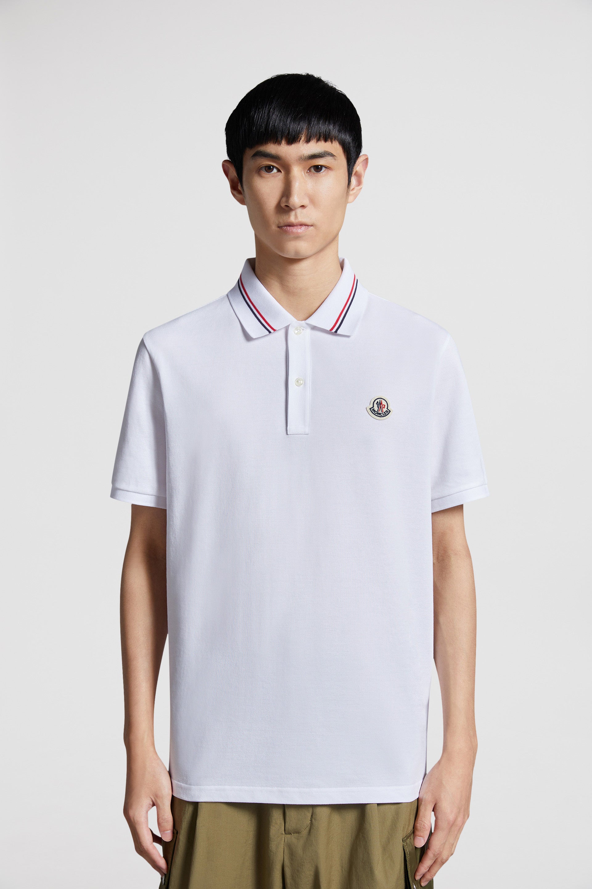 luxury polo, Moncler polo, white polo shirt, contrasting trim polo, high-end fashion