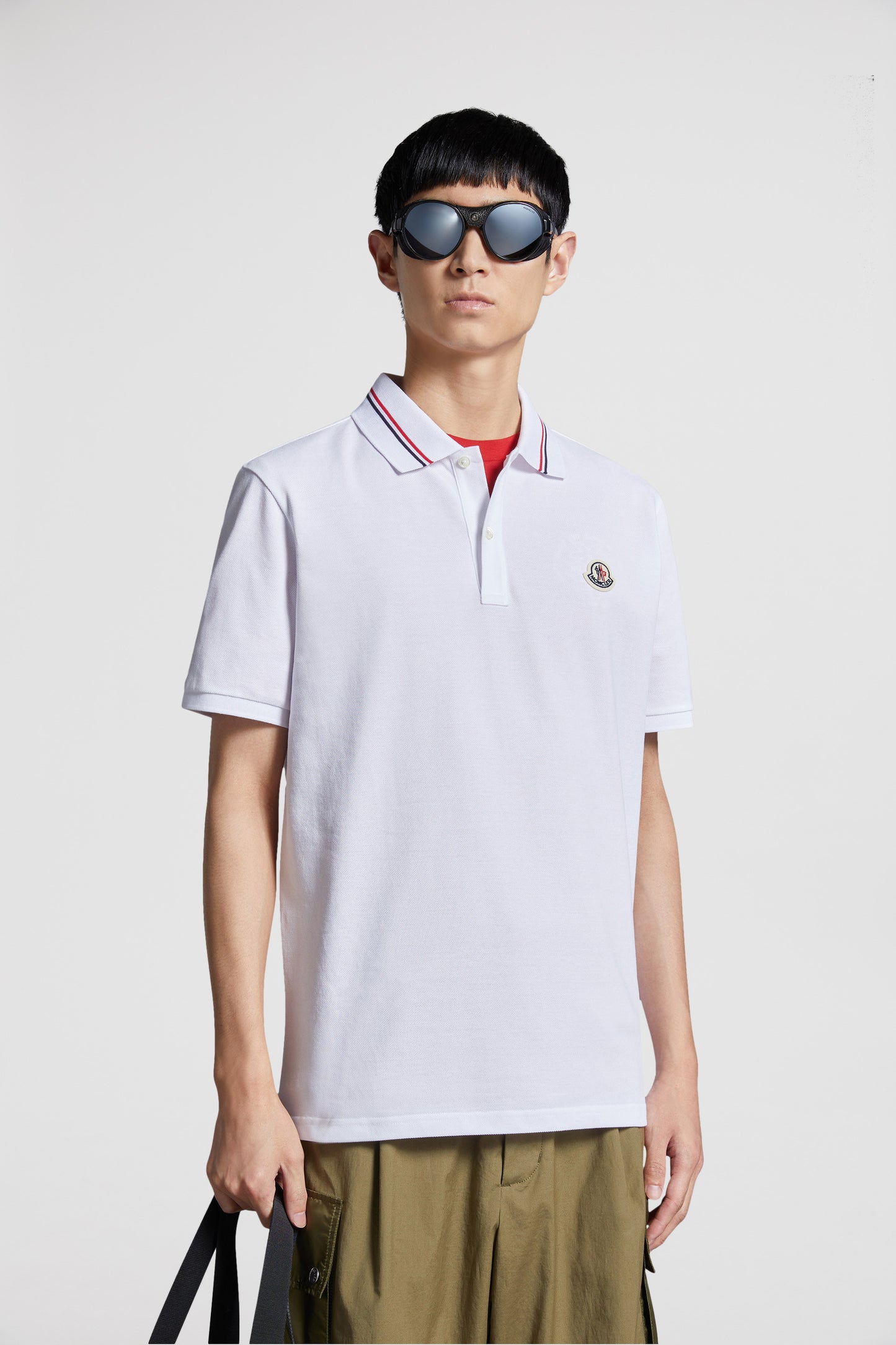 luxury polo, Moncler polo, white polo shirt, contrasting trim polo, high-end fashion