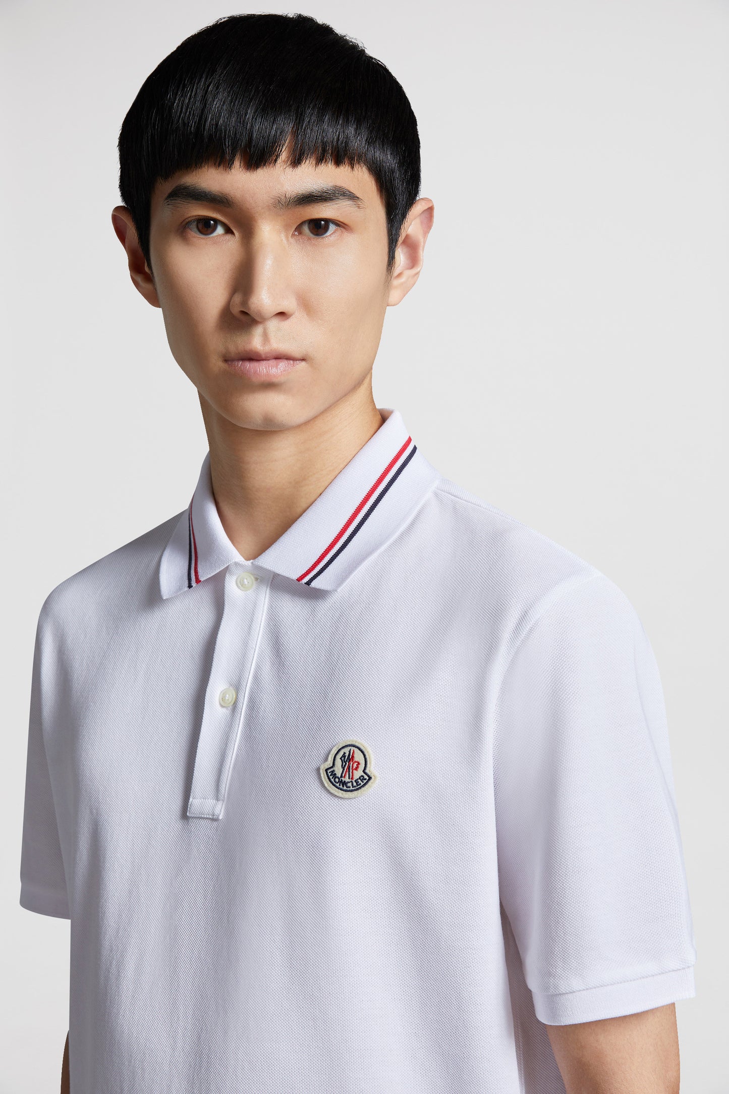 luxury polo, Moncler polo, white polo shirt, contrasting trim polo, high-end fashion