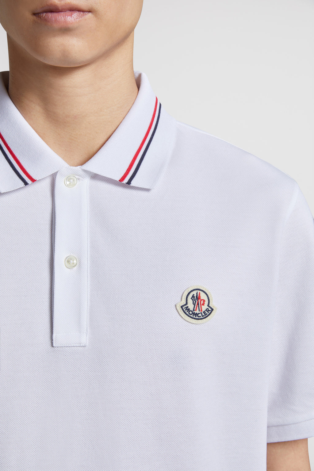 luxury polo, Moncler polo, white polo shirt, contrasting trim polo, high-end fashion