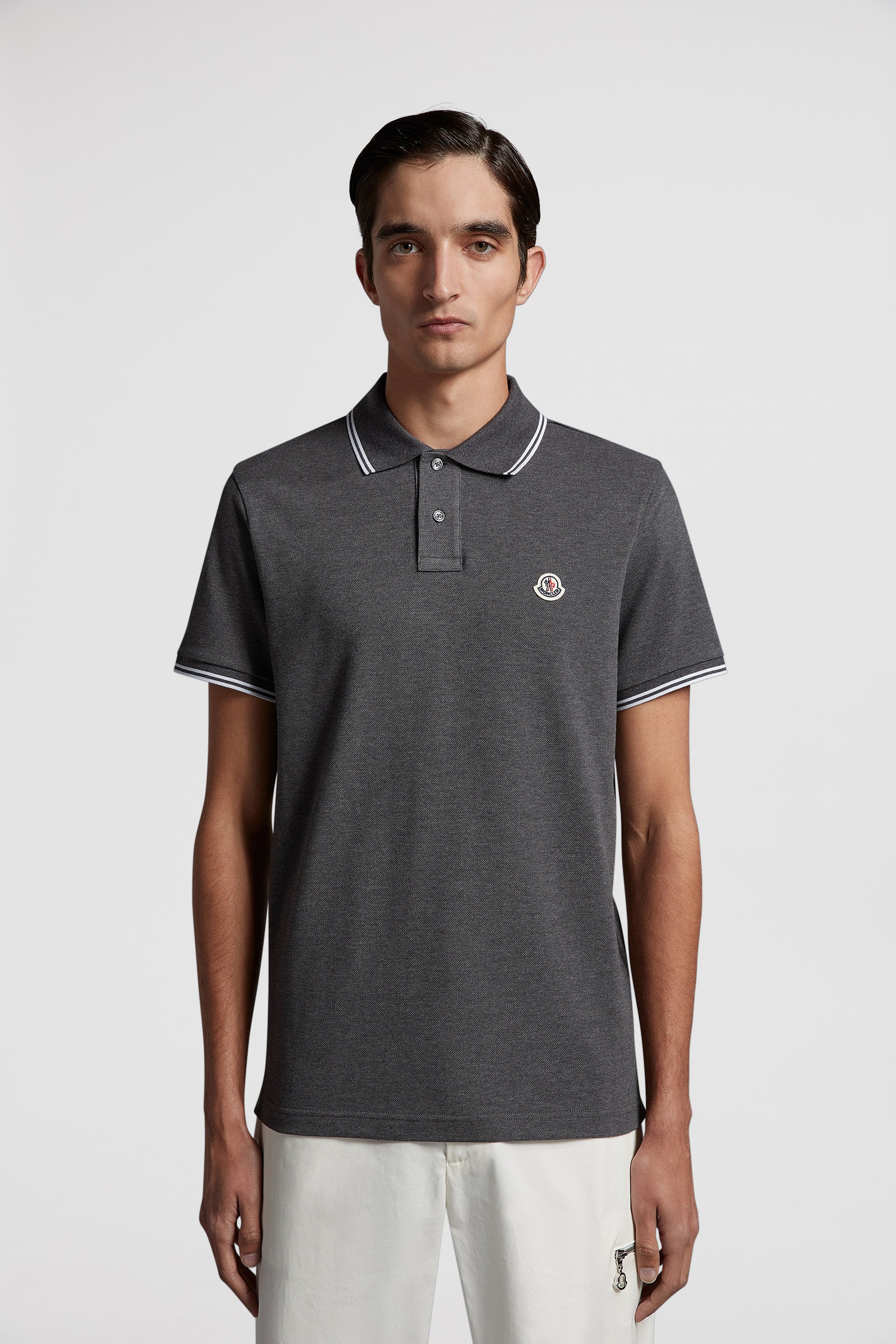 Moncler polo, luxury gray polo, elegant trim polo, high-end men's wear, designer casual wear