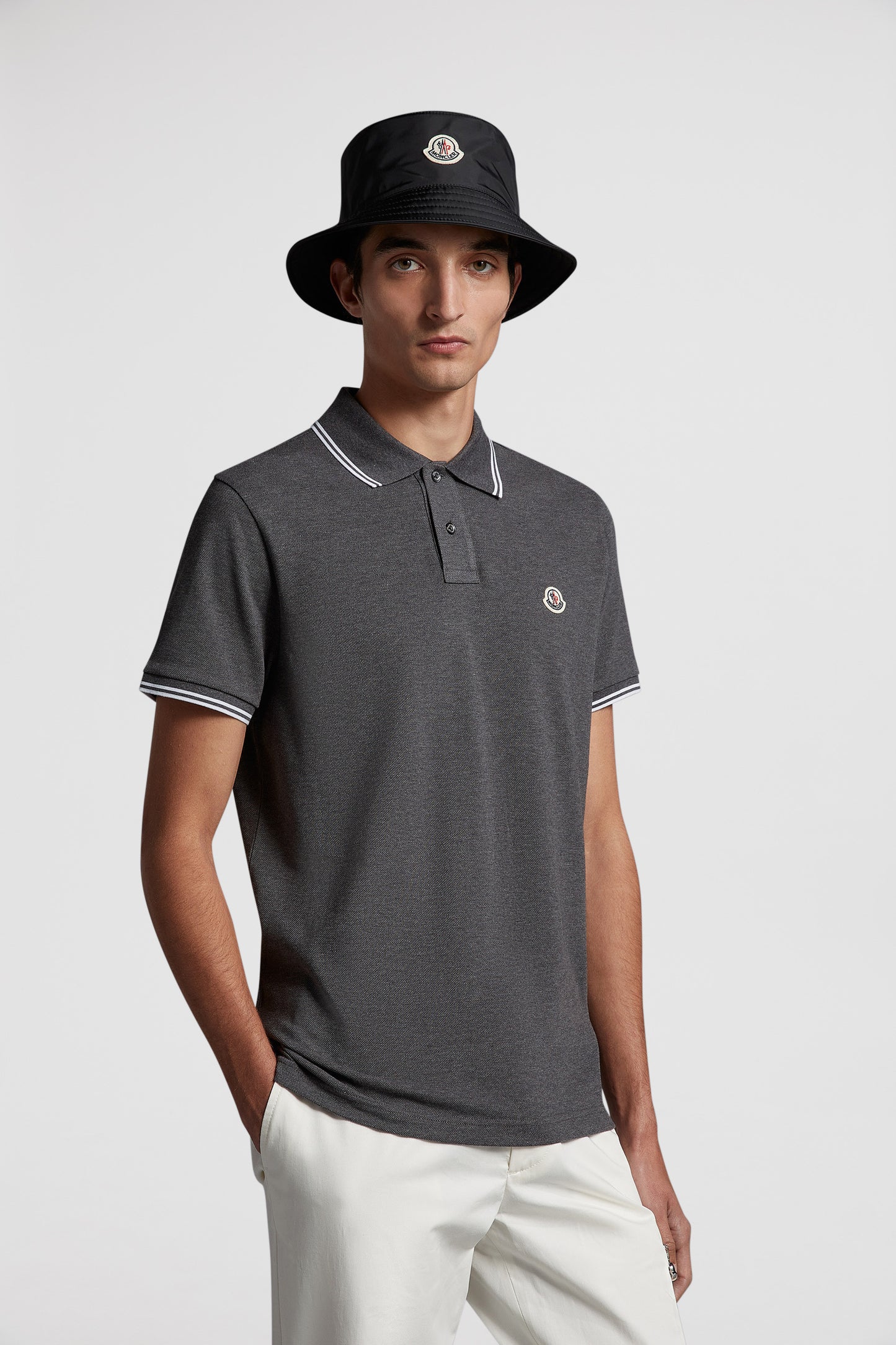 Moncler polo, luxury gray polo, elegant trim polo, high-end men's wear, designer casual wear