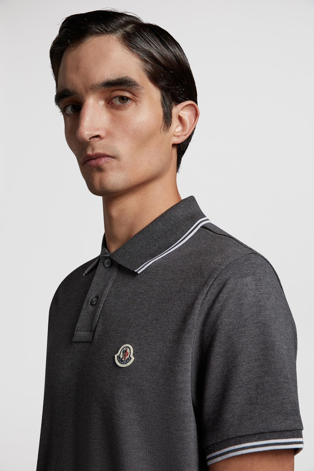 Moncler polo, luxury gray polo, elegant trim polo, high-end men's wear, designer casual wear