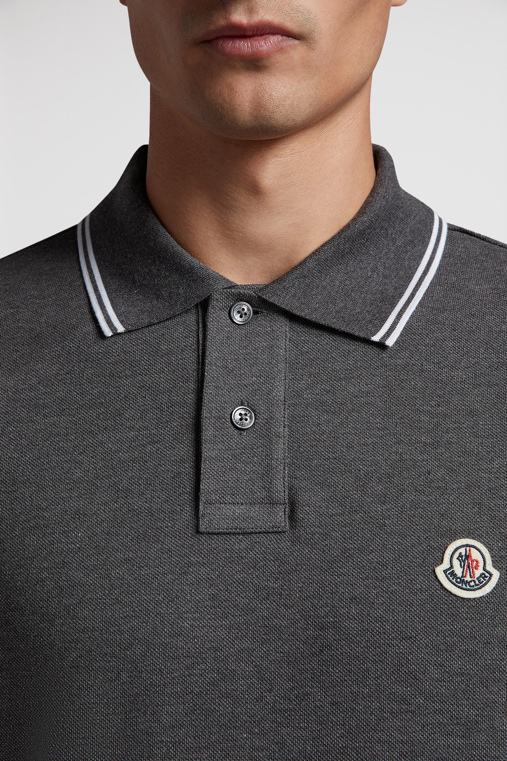 Moncler polo, luxury gray polo, elegant trim polo, high-end men's wear, designer casual wear