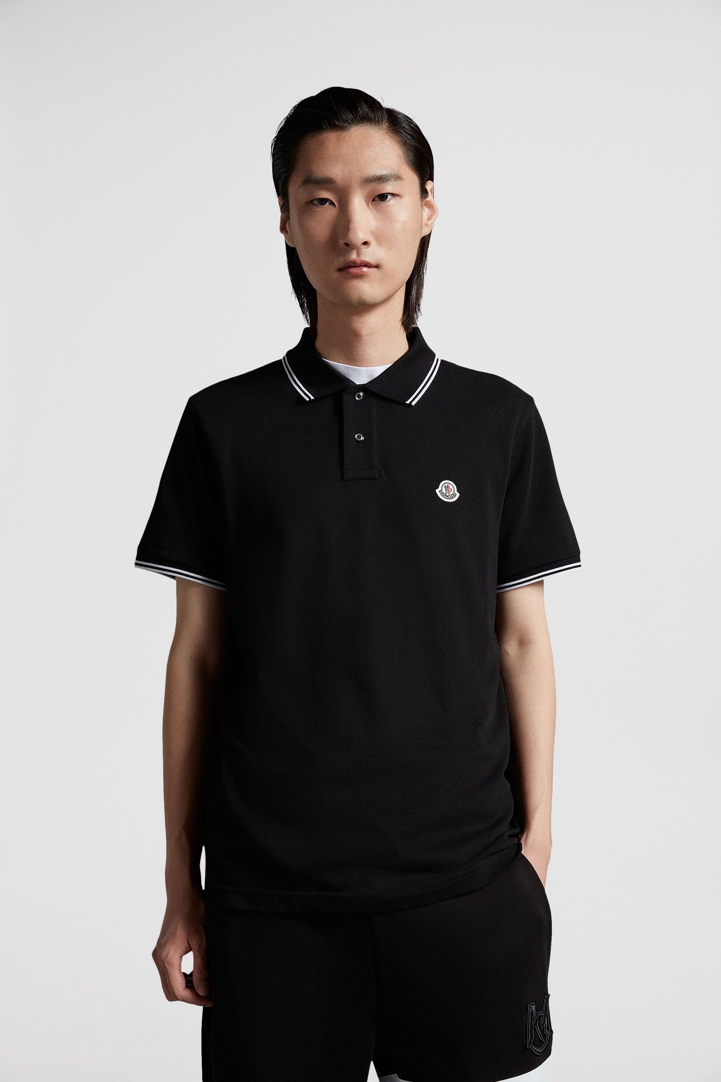 Luxury polo shirt, Black polo with trims, Moncler polo, High-end casual wear, Timeless menswear