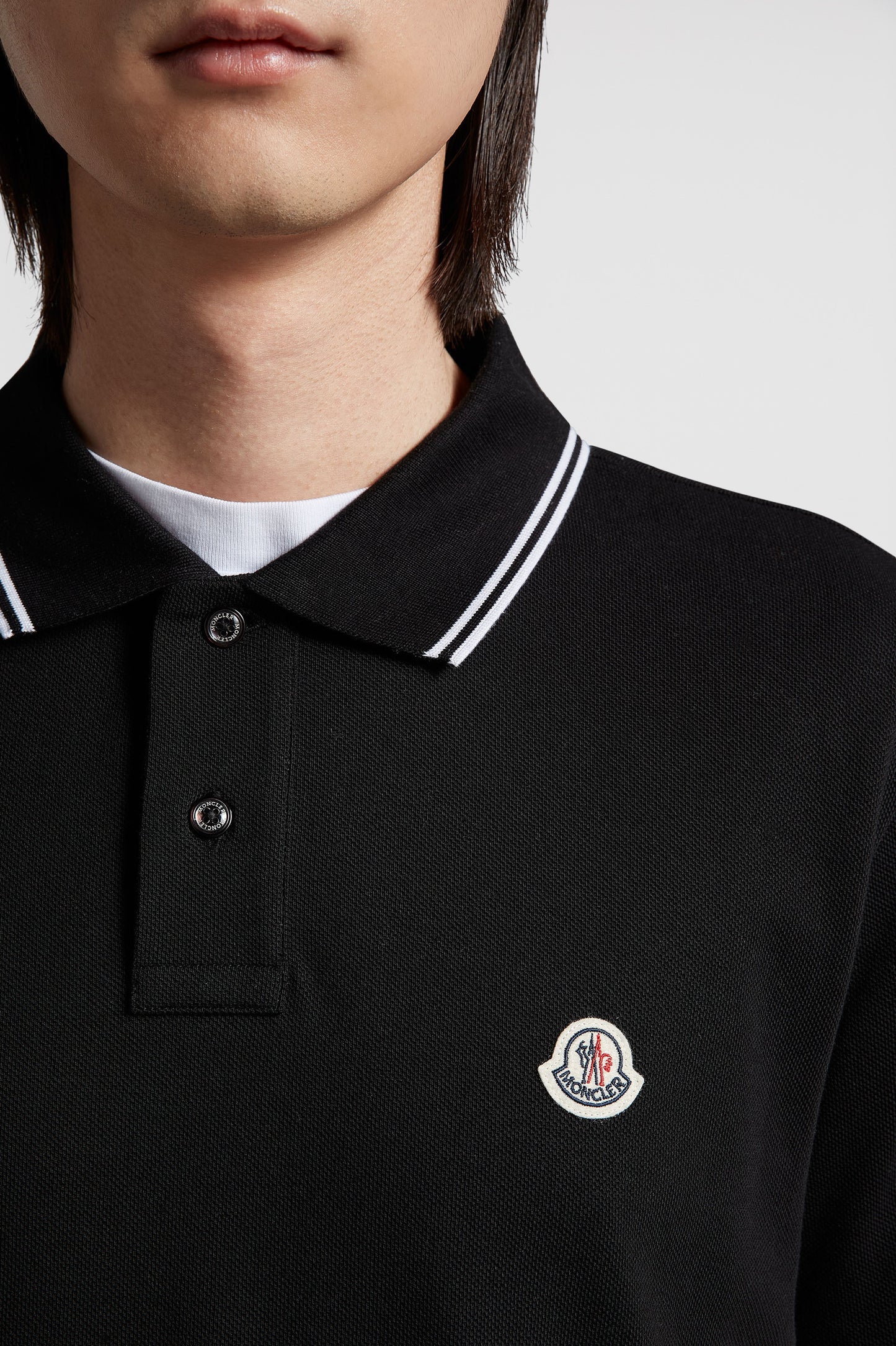 Luxury polo shirt, Black polo with trims, Moncler polo, High-end casual wear, Timeless menswear