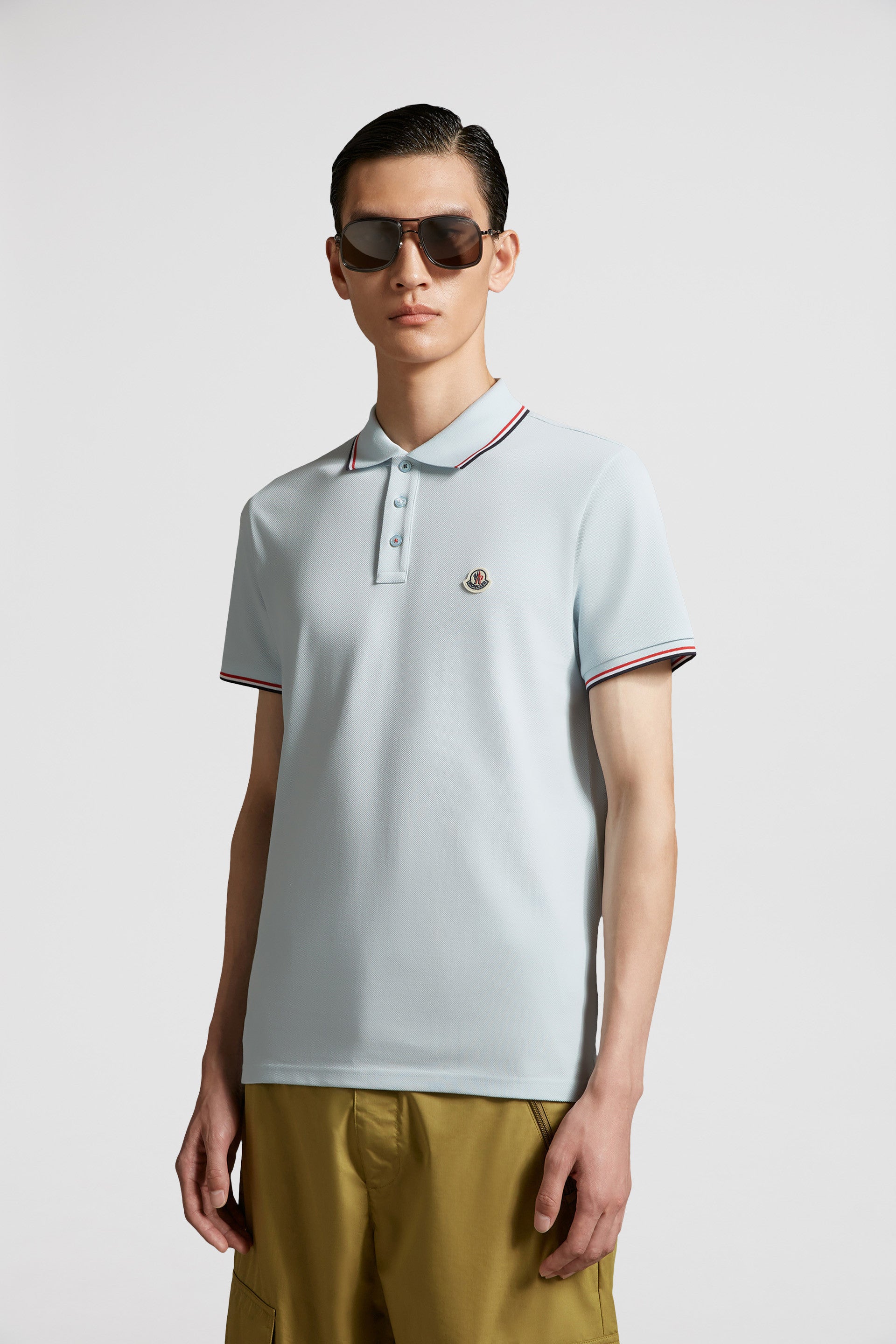 light blue polo, luxury polo shirt, Moncler polo, logo polo, high-end men's fashion