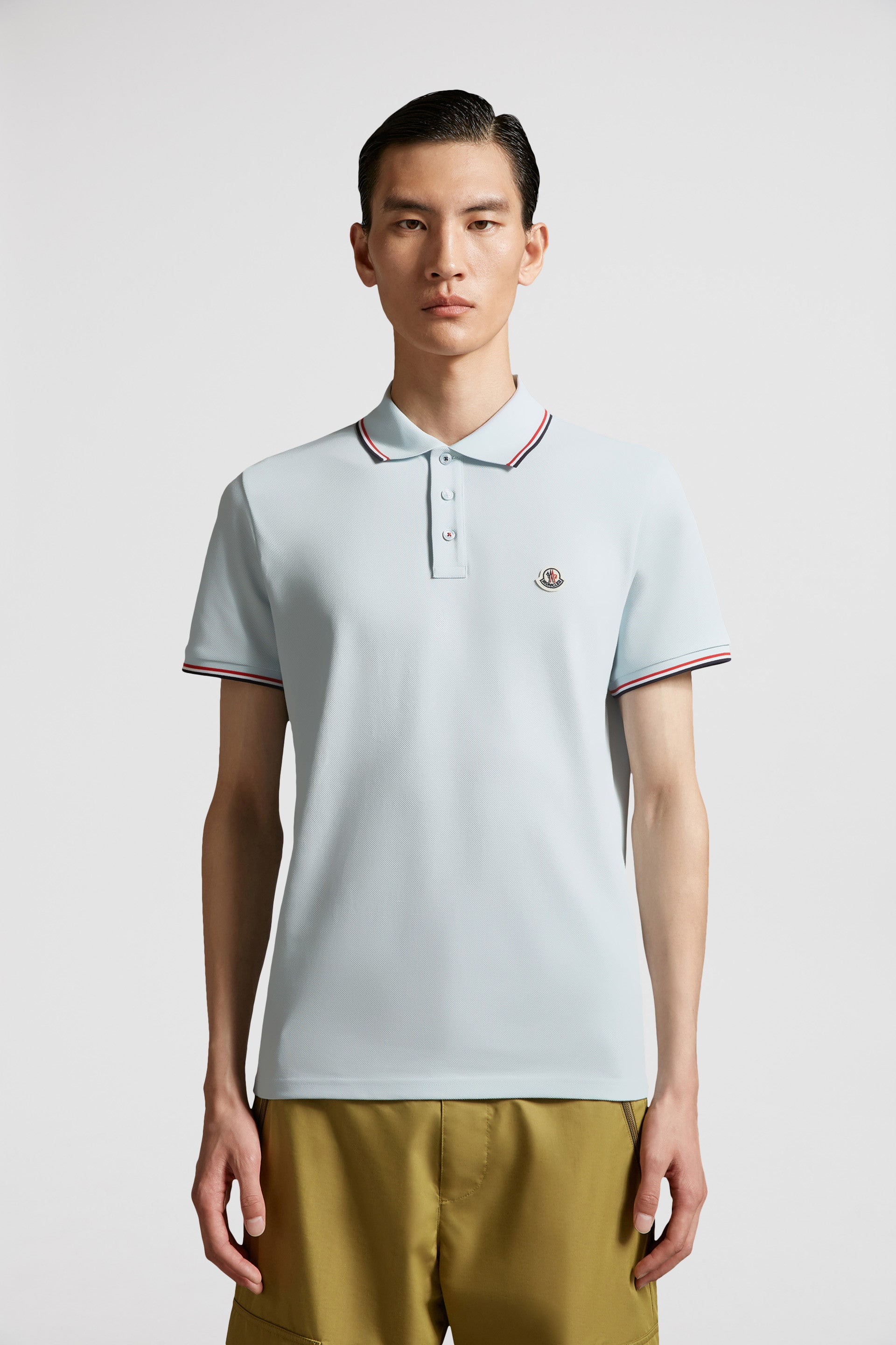 light blue polo, luxury polo shirt, Moncler polo, logo polo, high-end men's fashion