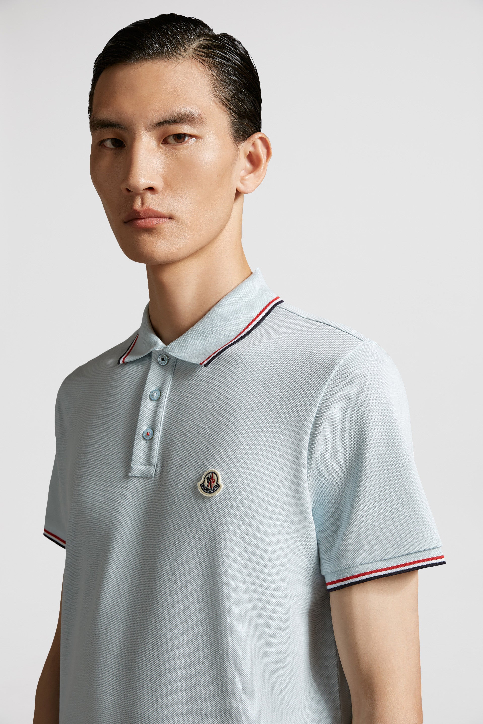 light blue polo, luxury polo shirt, Moncler polo, logo polo, high-end men's fashion