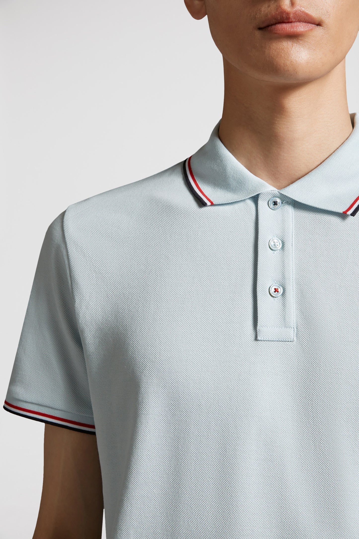 light blue polo, luxury polo shirt, Moncler polo, logo polo, high-end men's fashion