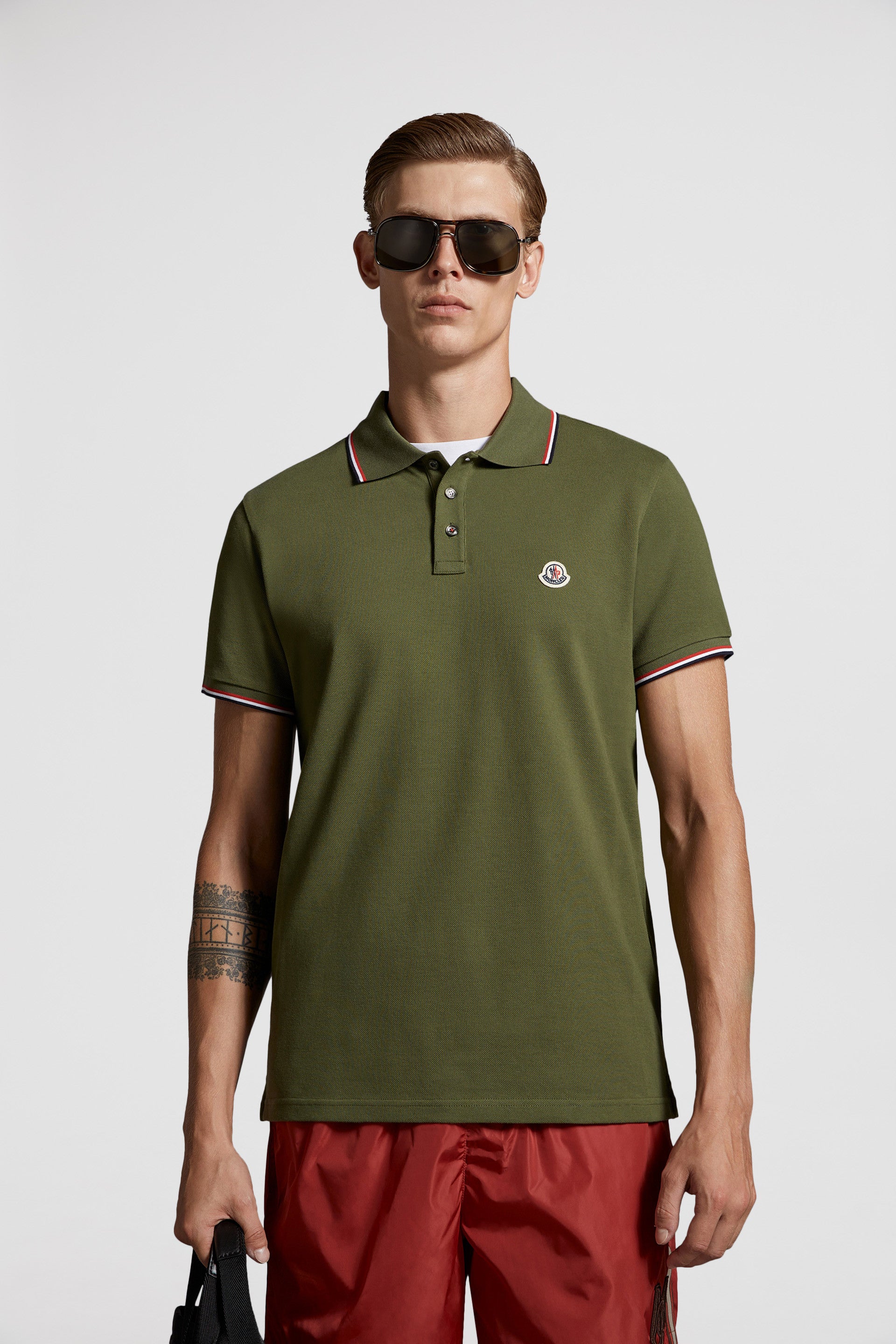 Polo shirt, khaki polo, Moncler, luxury men’s wear, elegant casual wear
