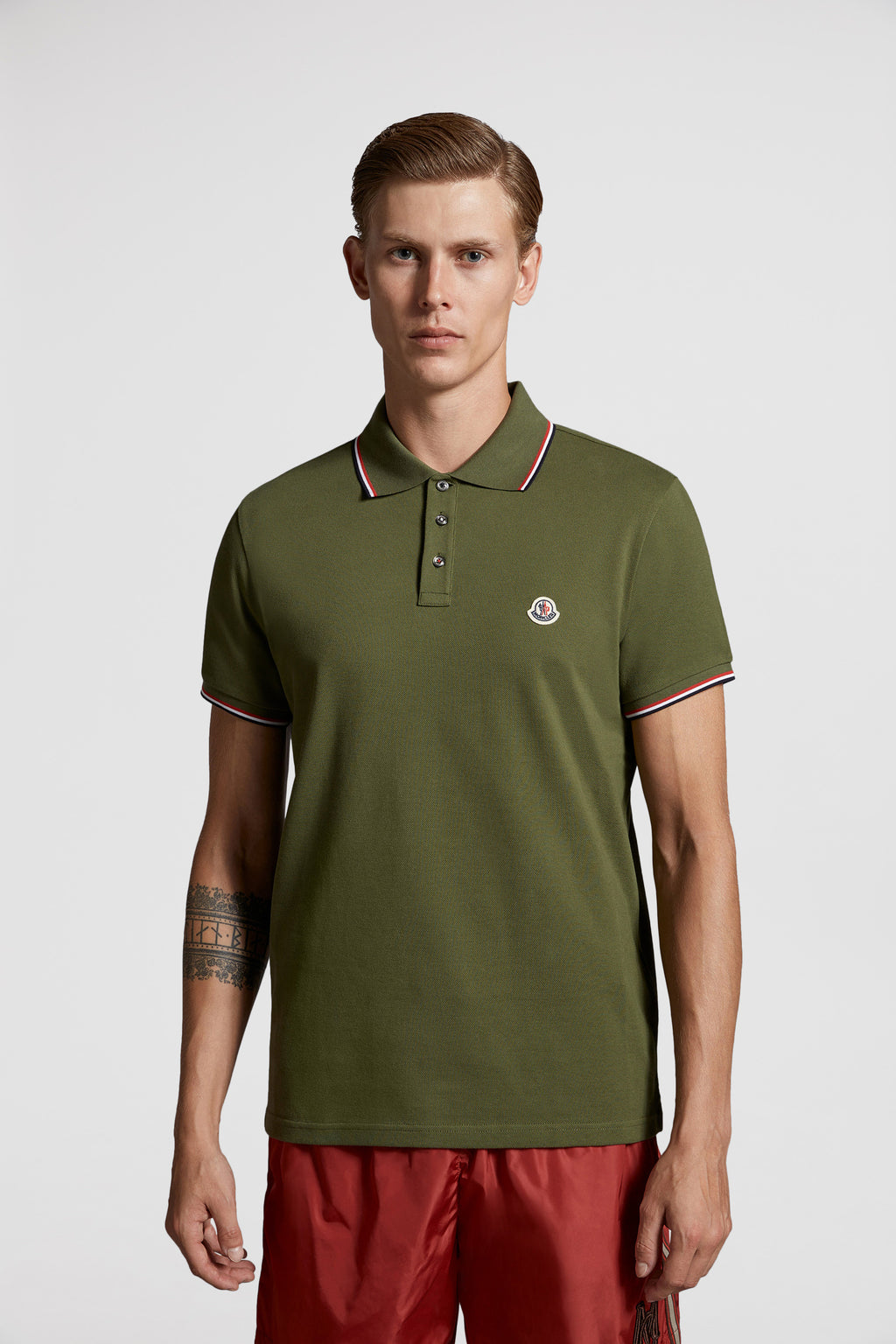 Polo shirt, khaki polo, Moncler, luxury men’s wear, elegant casual wear