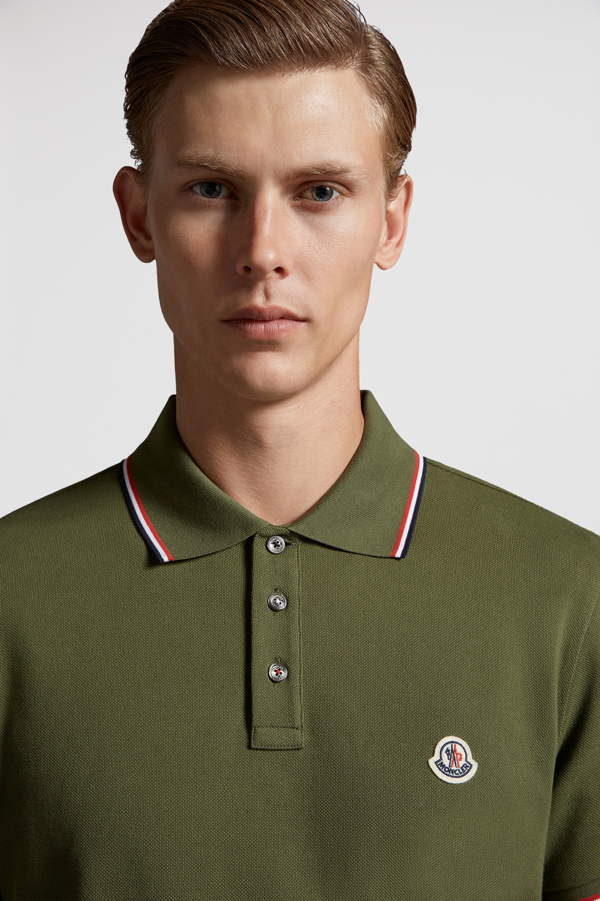 Polo shirt, khaki polo, Moncler, luxury men’s wear, elegant casual wear