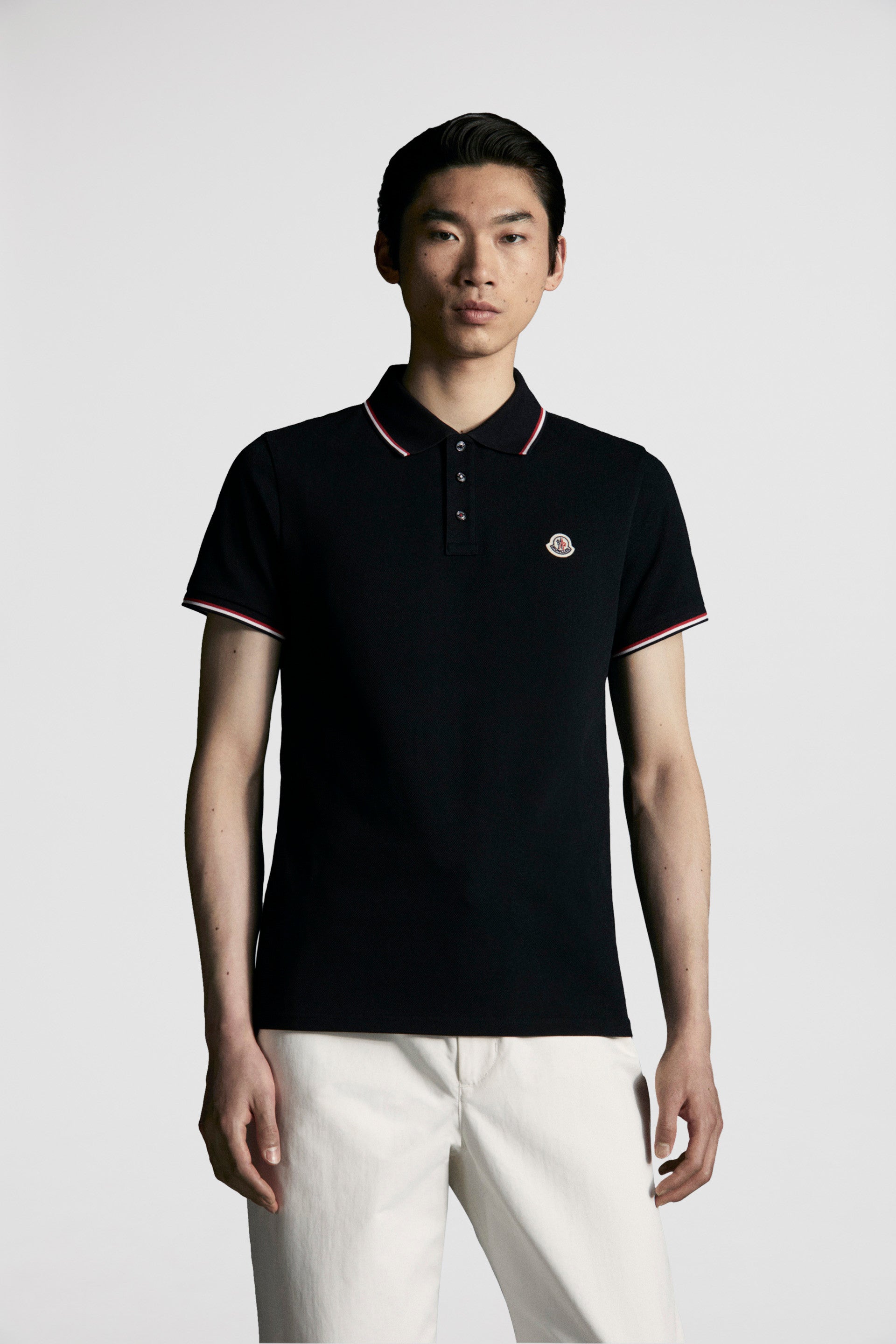 black polo, Moncler polo, luxury polo shirt, embroidered polo, designer menswear