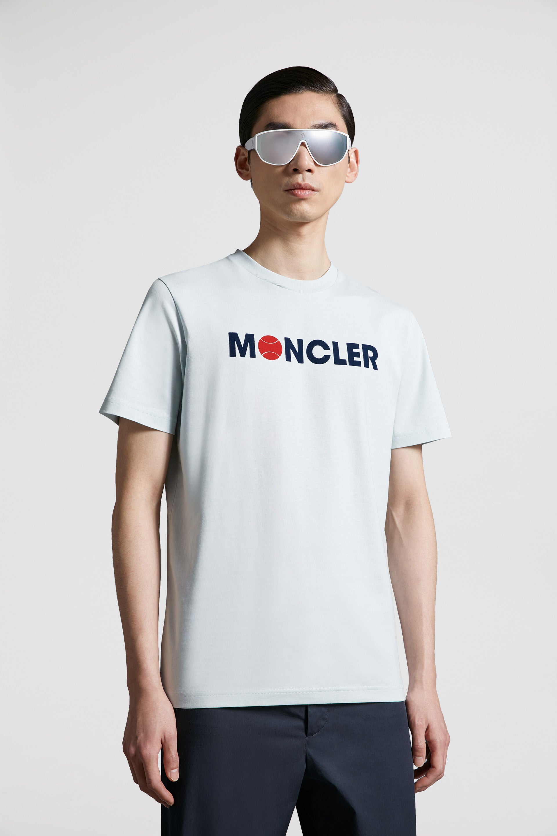 luxury t-shirt, Moncler tee, light blue t-shirt, designer logos, high-end fashion