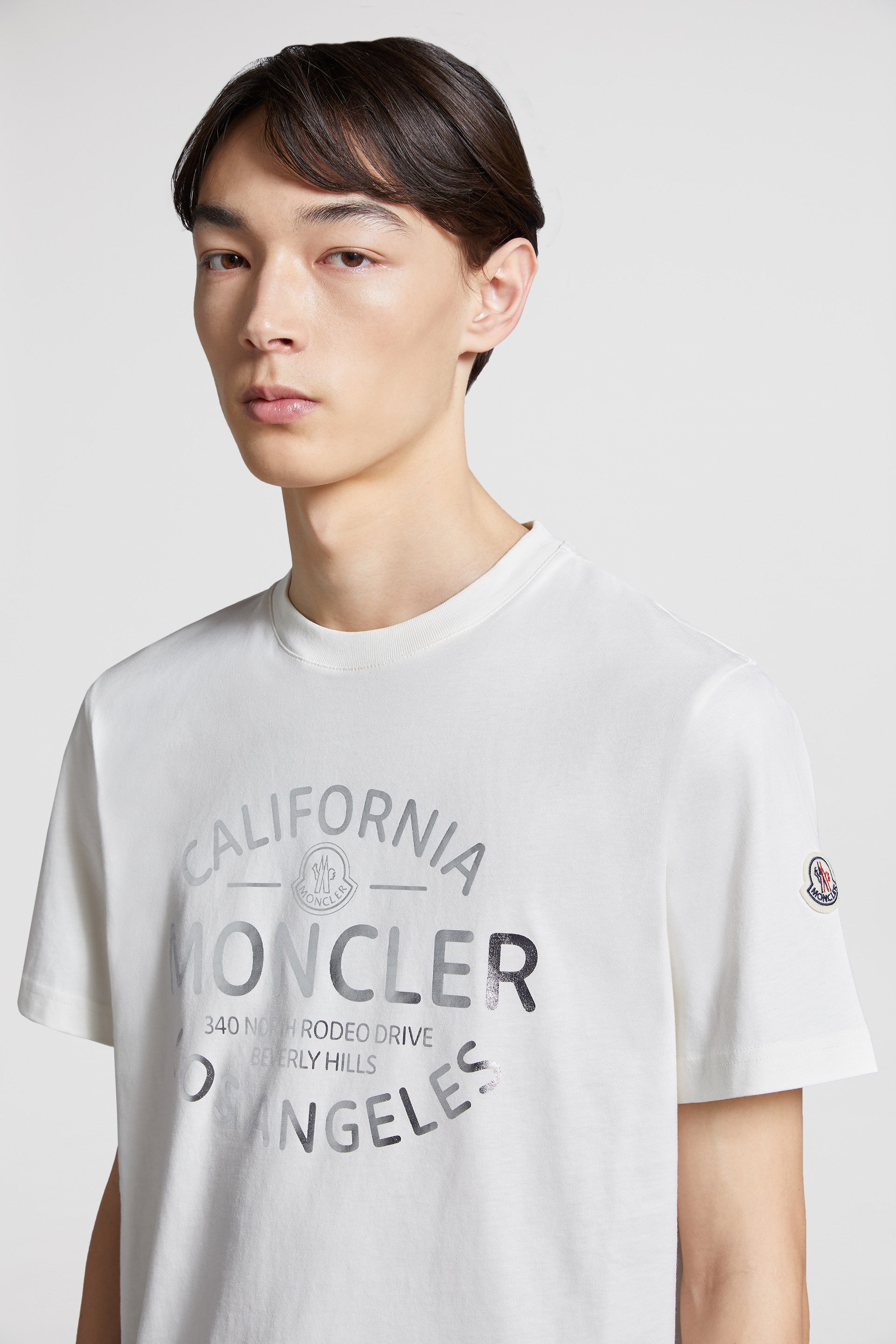 Moncler, white T-shirt, logo print, luxury clothing, premium cotton