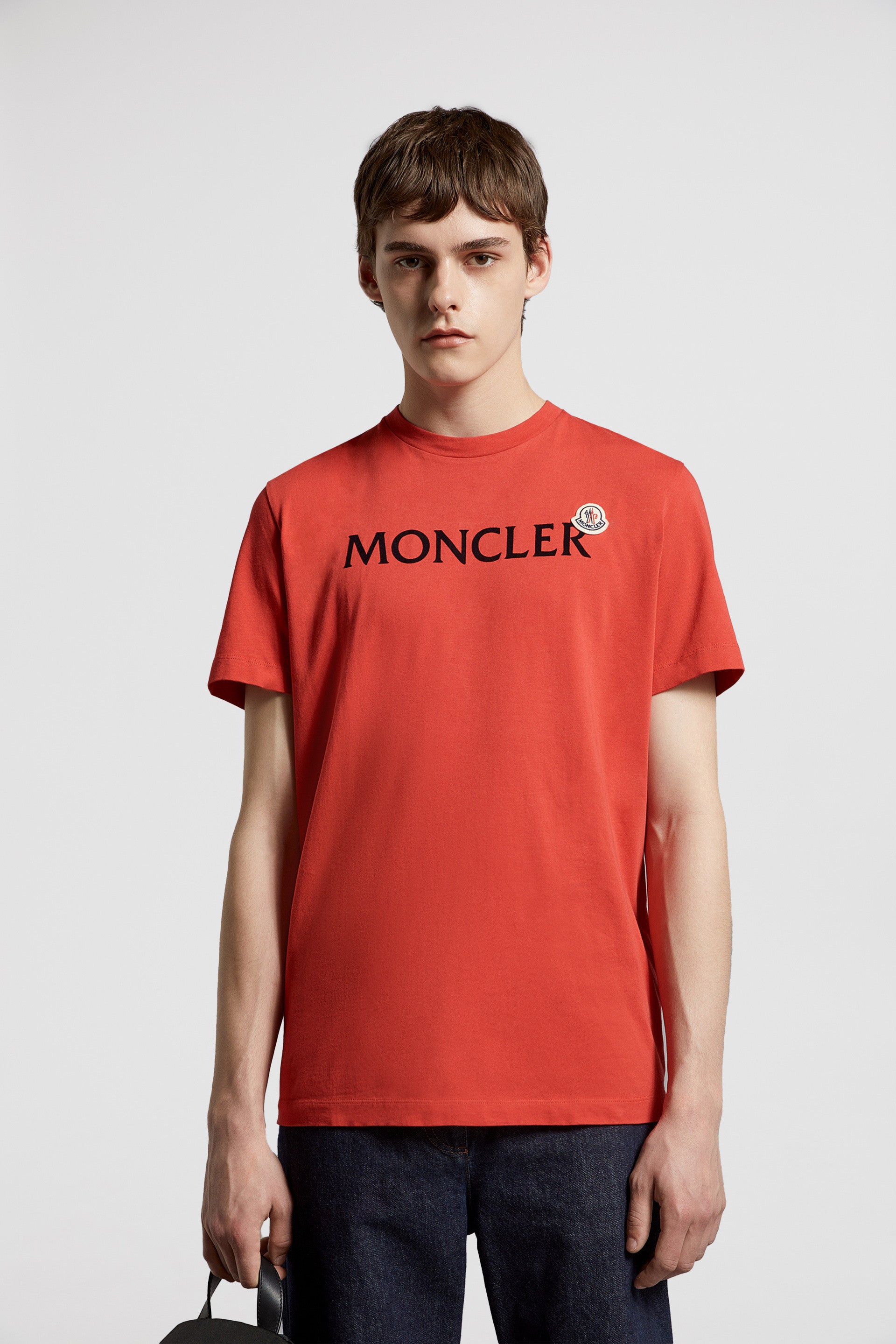 Moncler, luxury T-shirt, red T-shirt, designer logo tee, high-end fashion