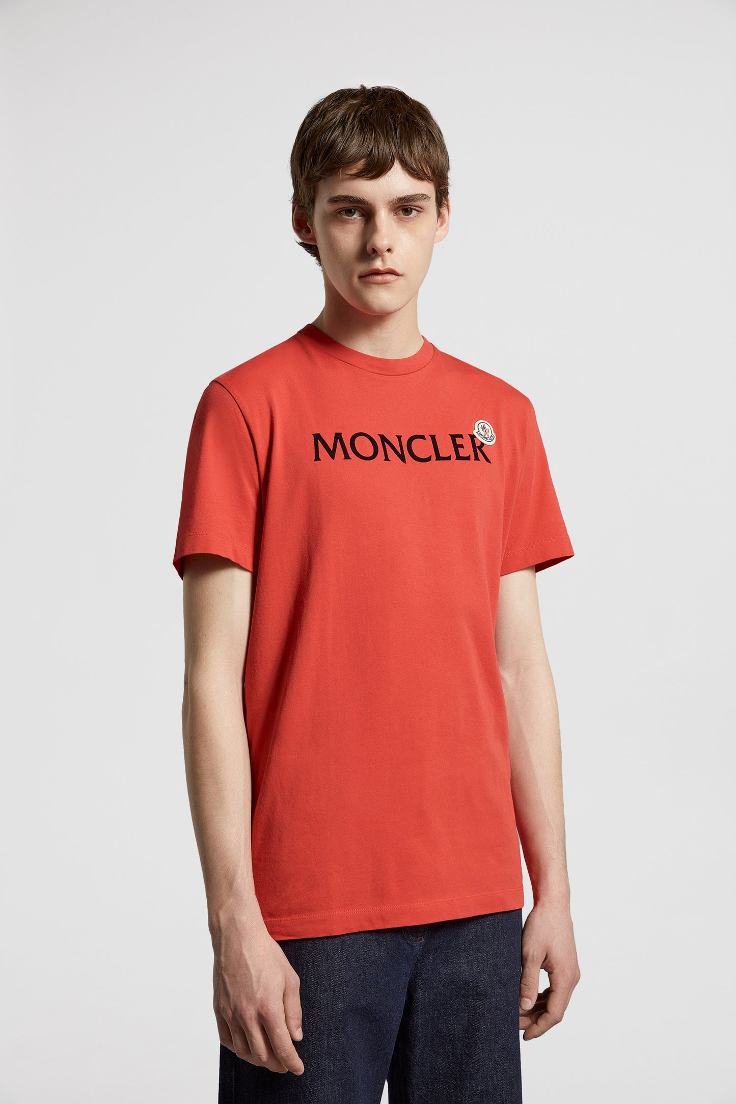 Moncler, luxury T-shirt, red T-shirt, designer logo tee, high-end fashion