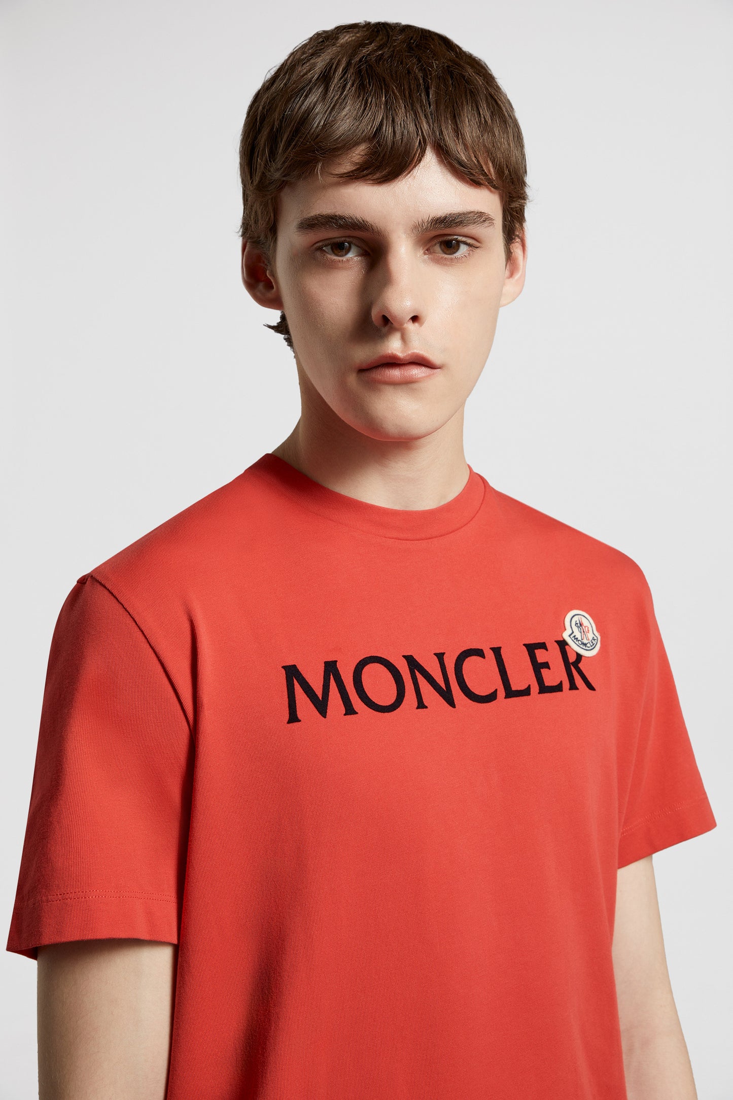 Moncler, luxury T-shirt, red T-shirt, designer logo tee, high-end fashion