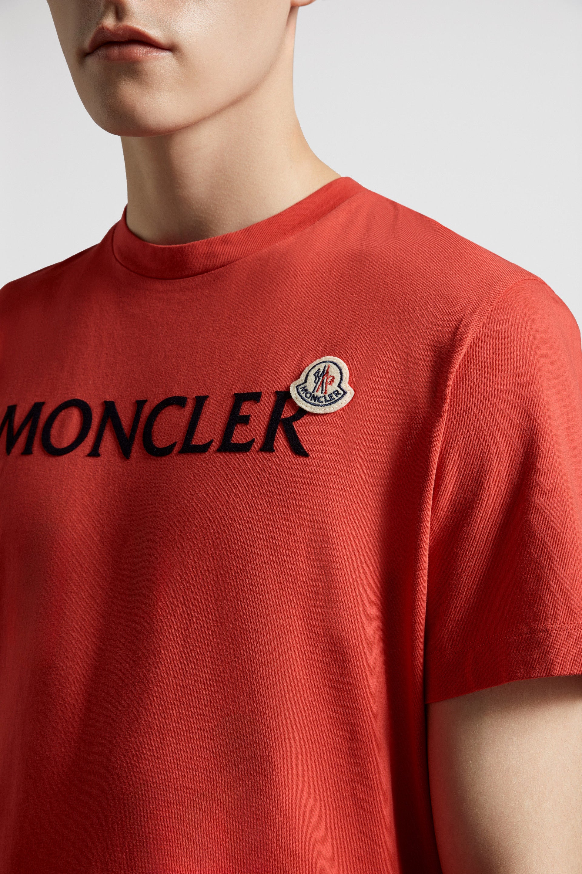 Moncler, luxury T-shirt, red T-shirt, designer logo tee, high-end fashion