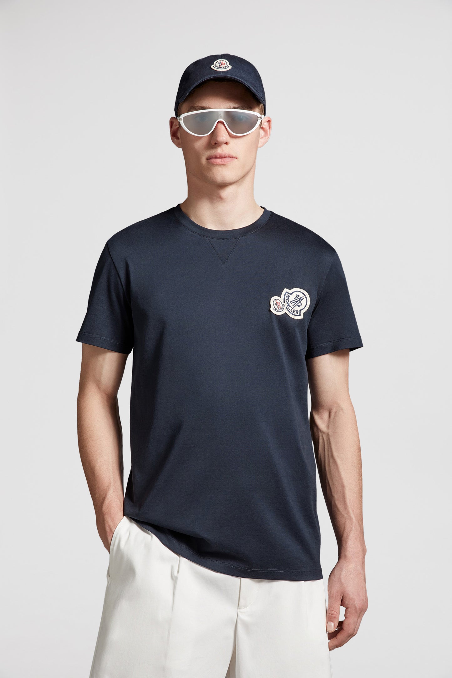 Moncler logo T-shirt,luxury blue T-shirt,designer casual wear,high-end fashion,exclusive men's apparel