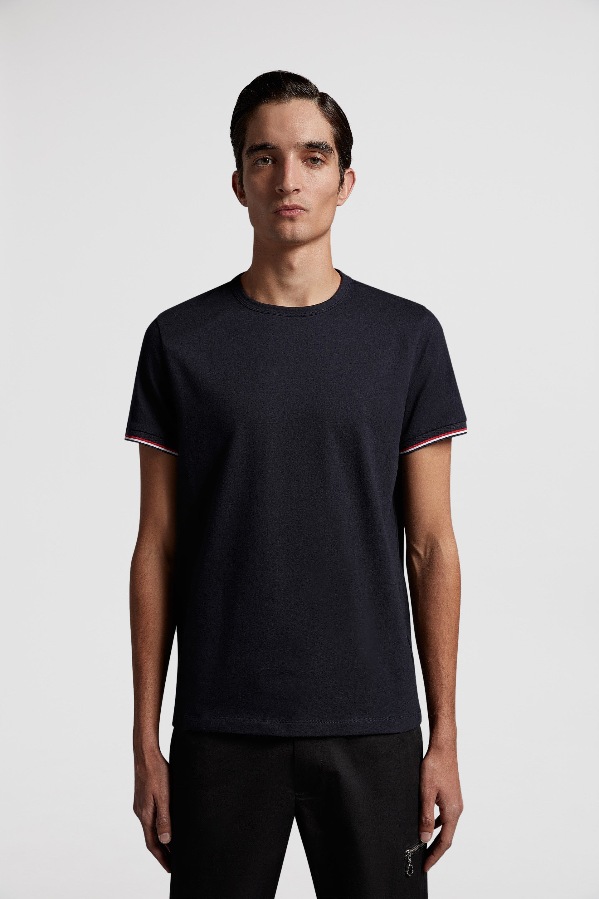 Moncler T-shirt, luxury T-shirt, navy blue T-shirt, designer logo T-shirt, elegant men's wear
