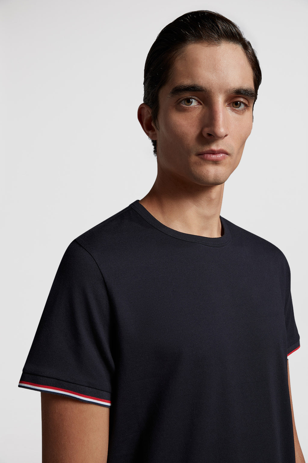 Moncler T-shirt, luxury T-shirt, navy blue T-shirt, designer logo T-shirt, elegant men's wear