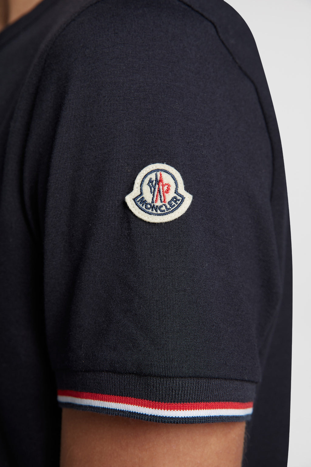 Moncler T-shirt, luxury T-shirt, navy blue T-shirt, designer logo T-shirt, elegant men's wear