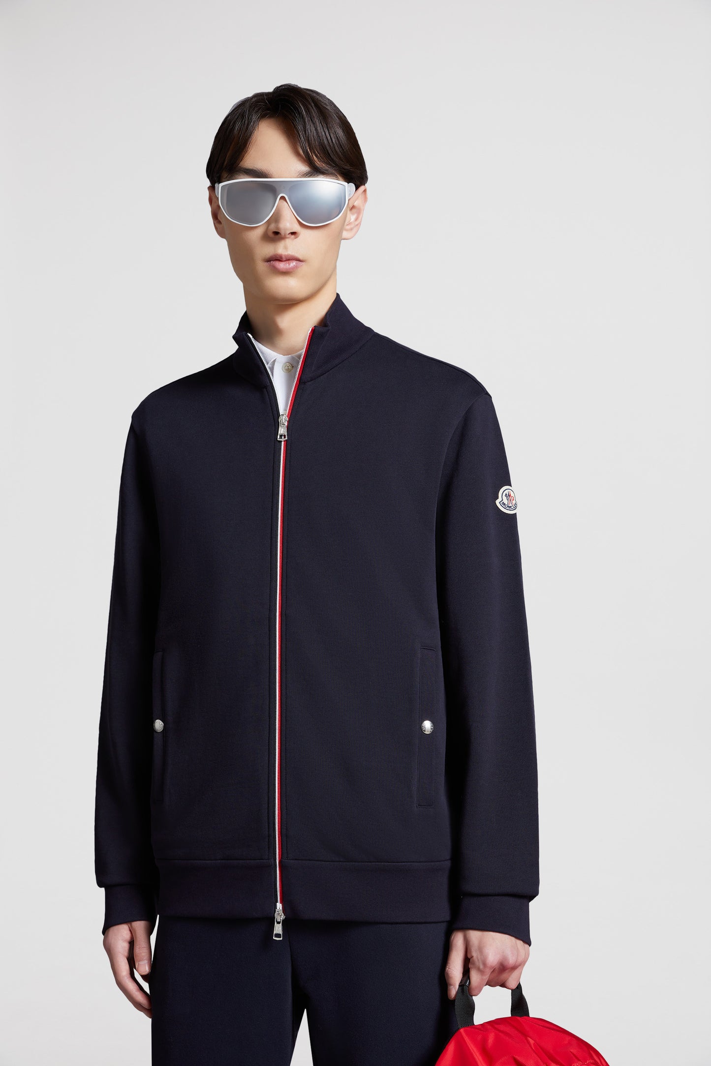 luxury cotton jacket, navy blue zip jacket, Moncler jacket, premium outerwear, high-end fashion