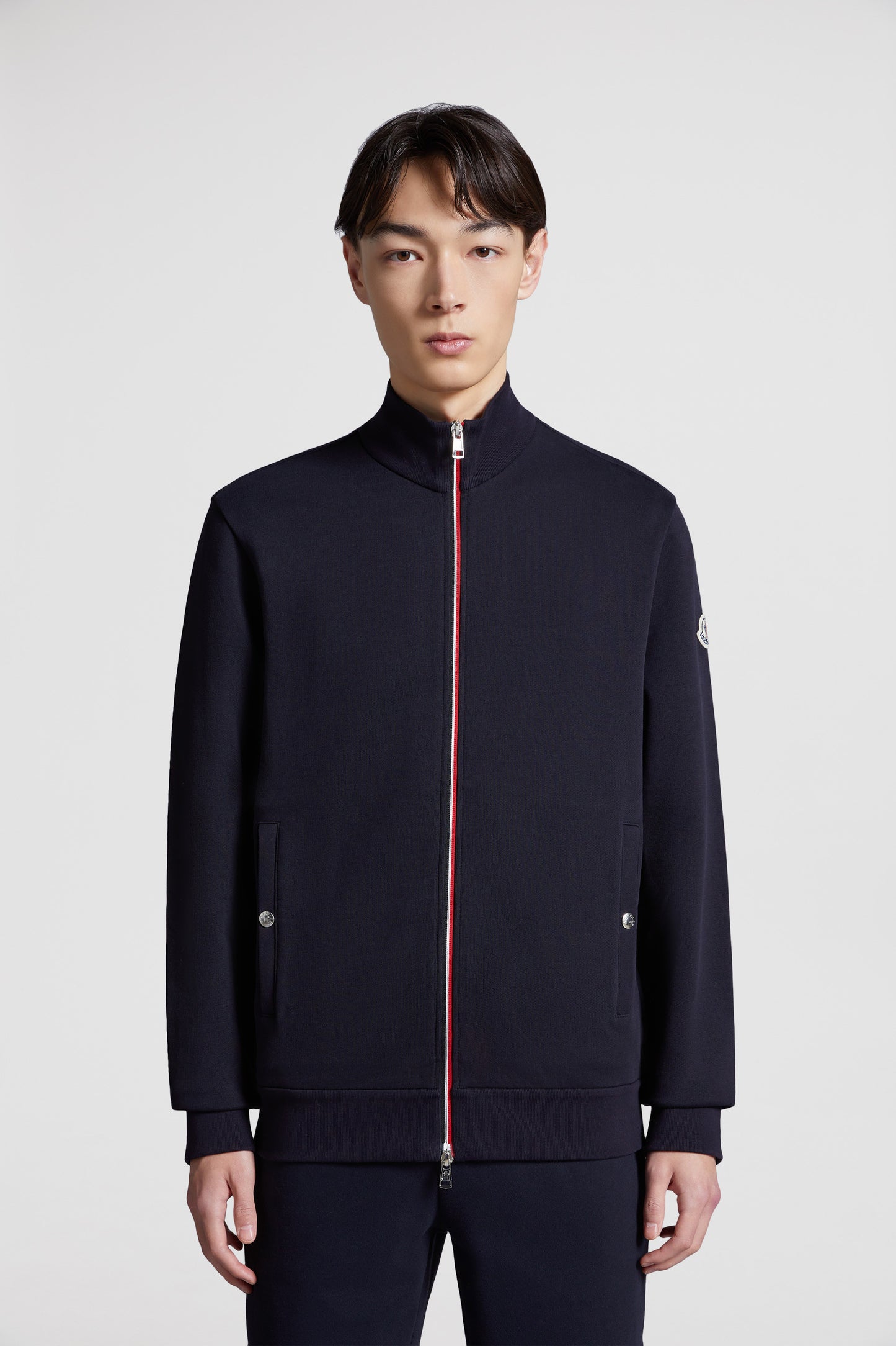 luxury cotton jacket, navy blue zip jacket, Moncler jacket, premium outerwear, high-end fashion