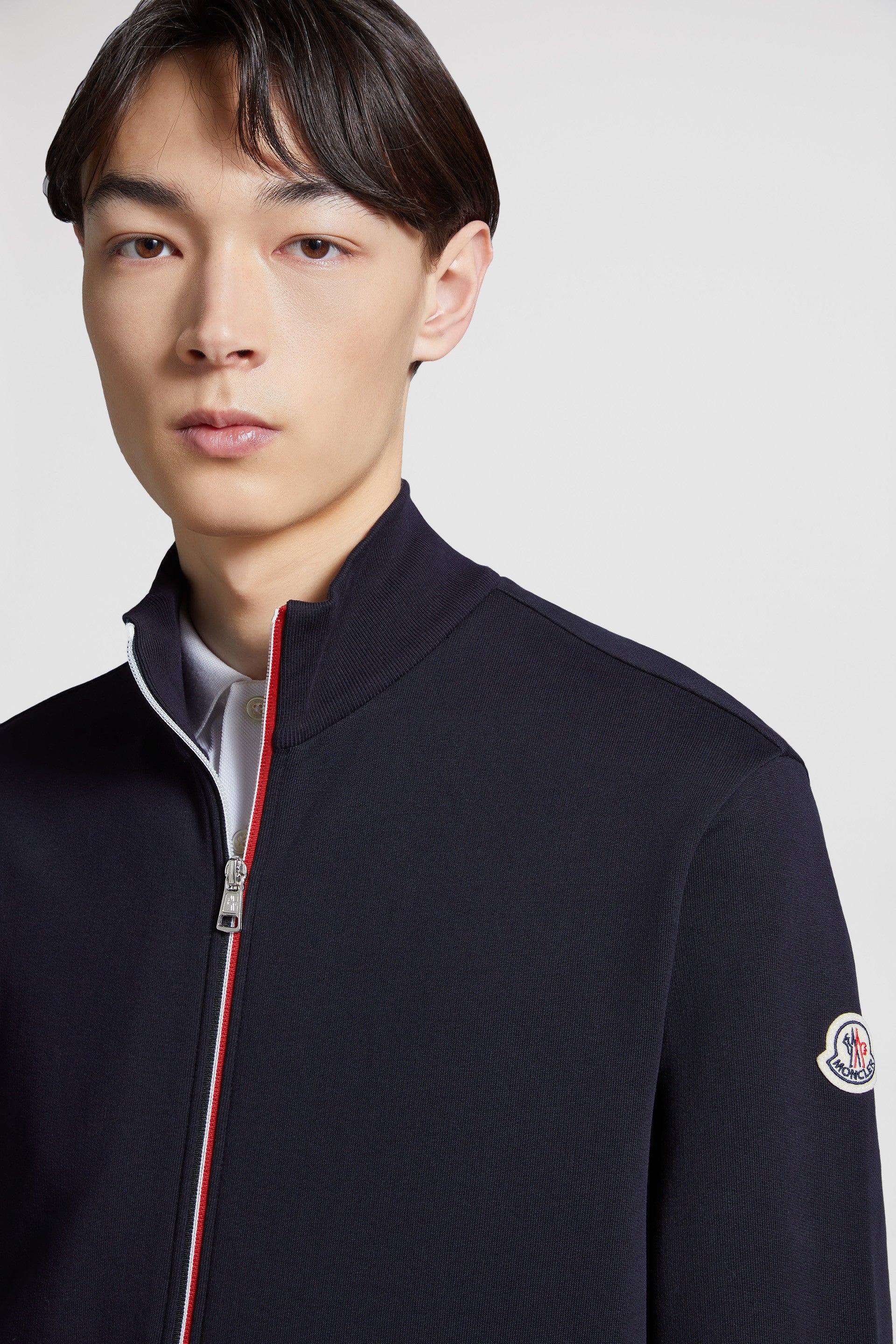 luxury cotton jacket, navy blue zip jacket, Moncler jacket, premium outerwear, high-end fashion