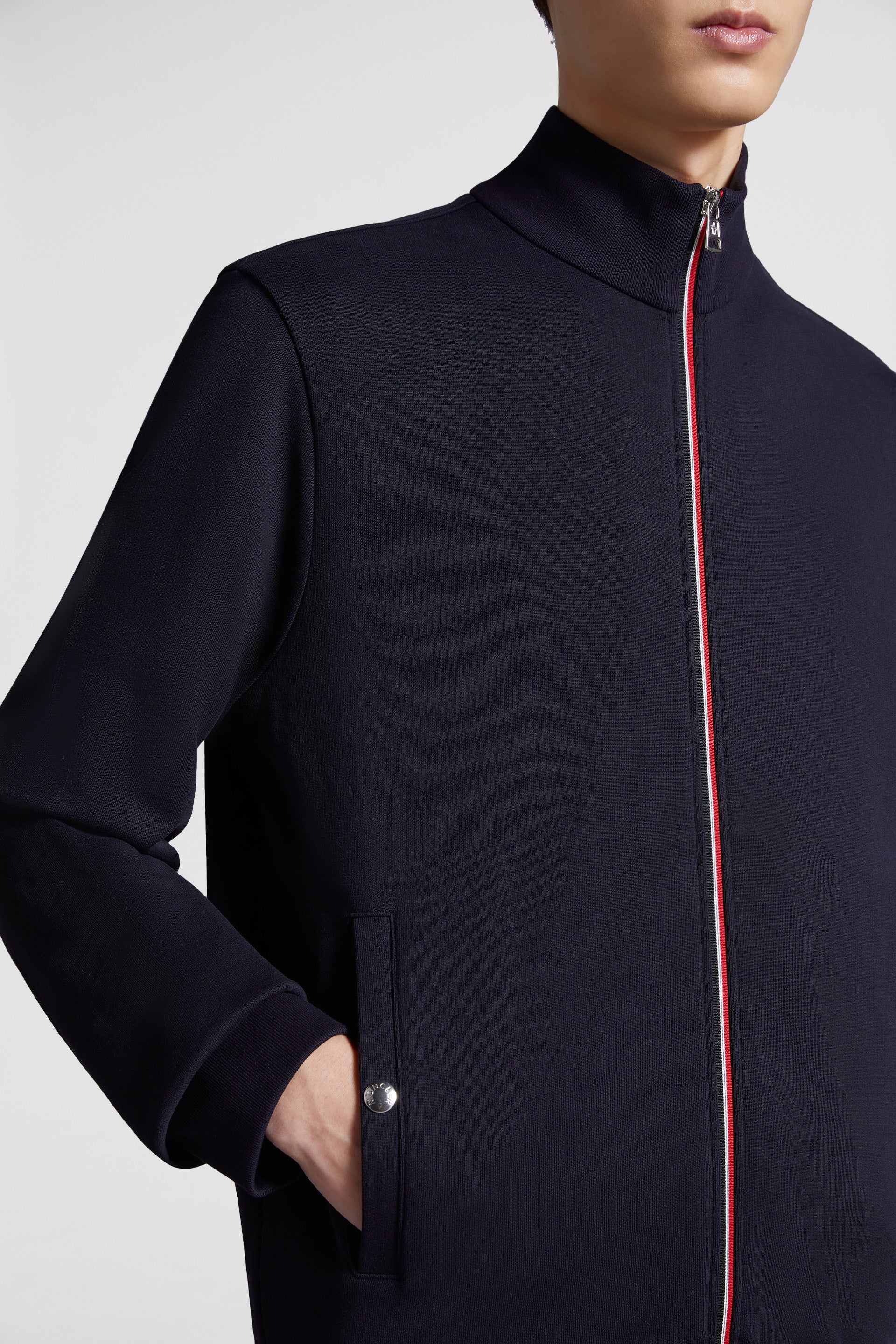 luxury cotton jacket, navy blue zip jacket, Moncler jacket, premium outerwear, high-end fashion