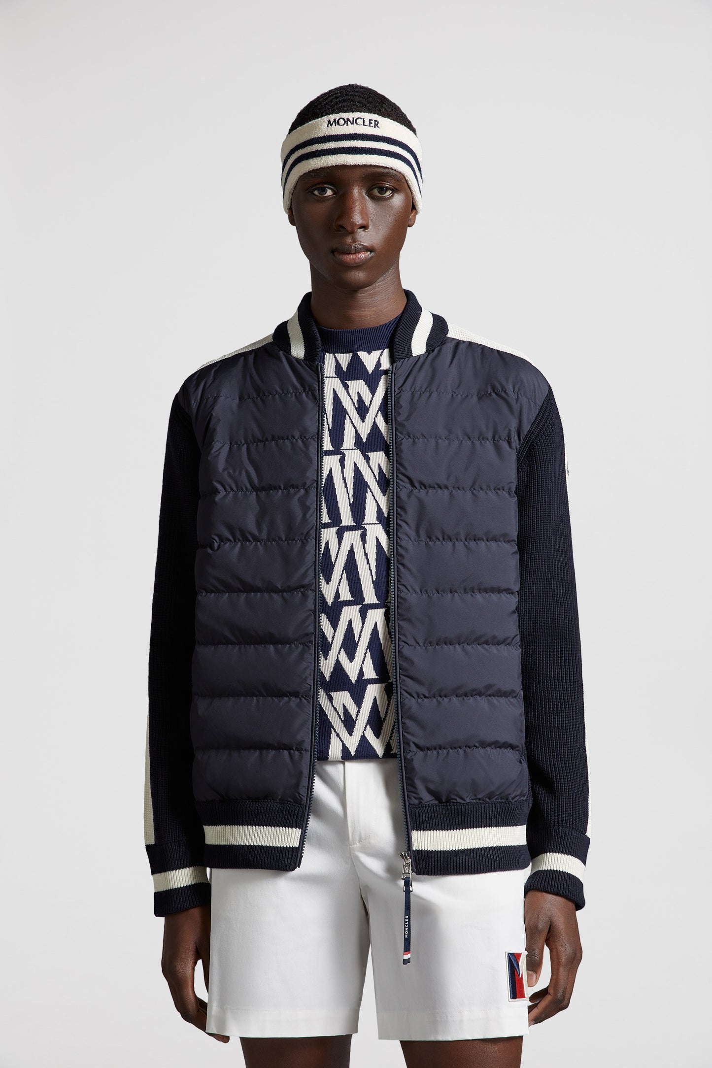 bi-material jacket, luxury outerwear, Moncler jacket, blue and beige jacket, high-end fashion