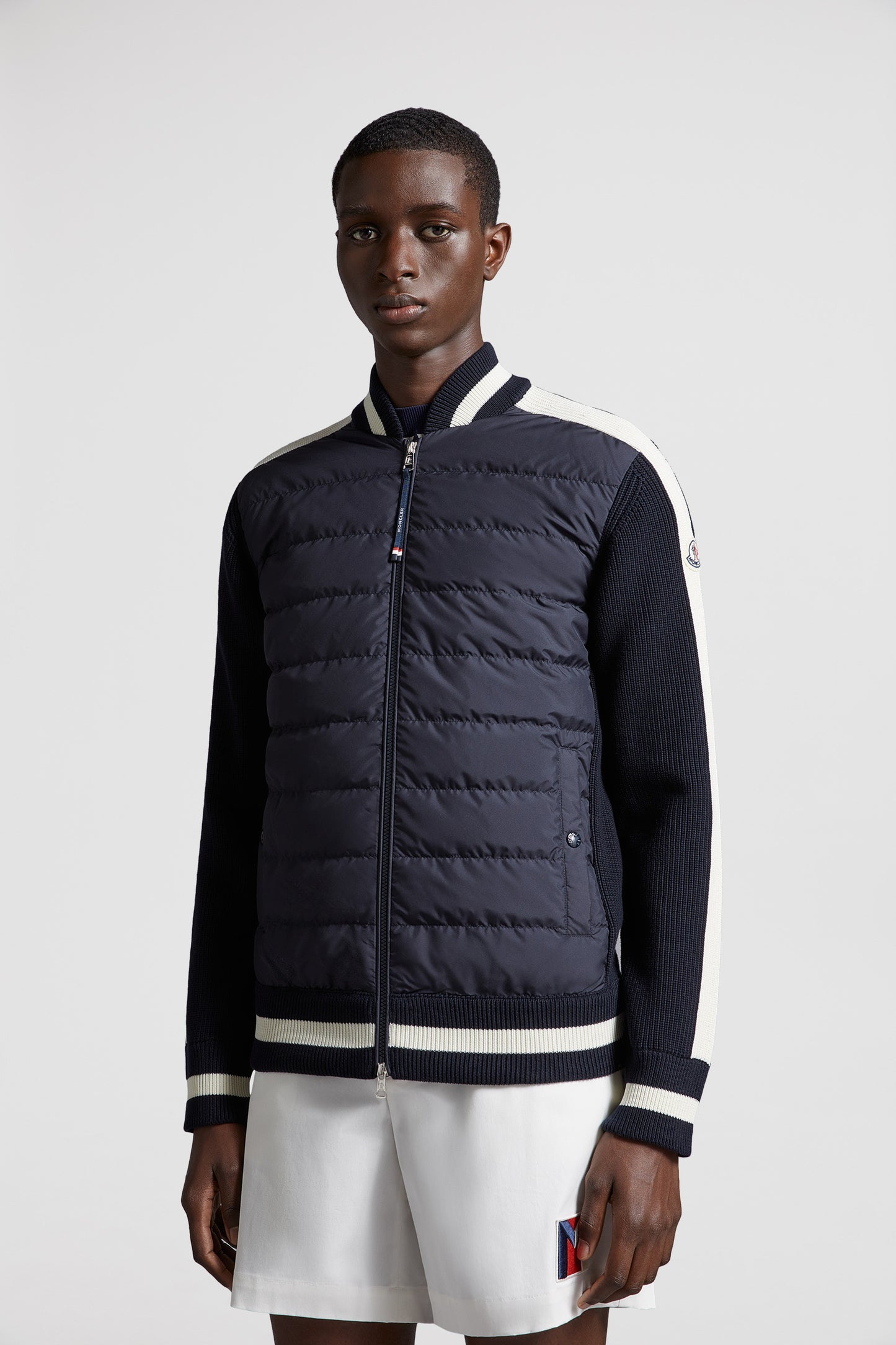 bi-material jacket, luxury outerwear, Moncler jacket, blue and beige jacket, high-end fashion