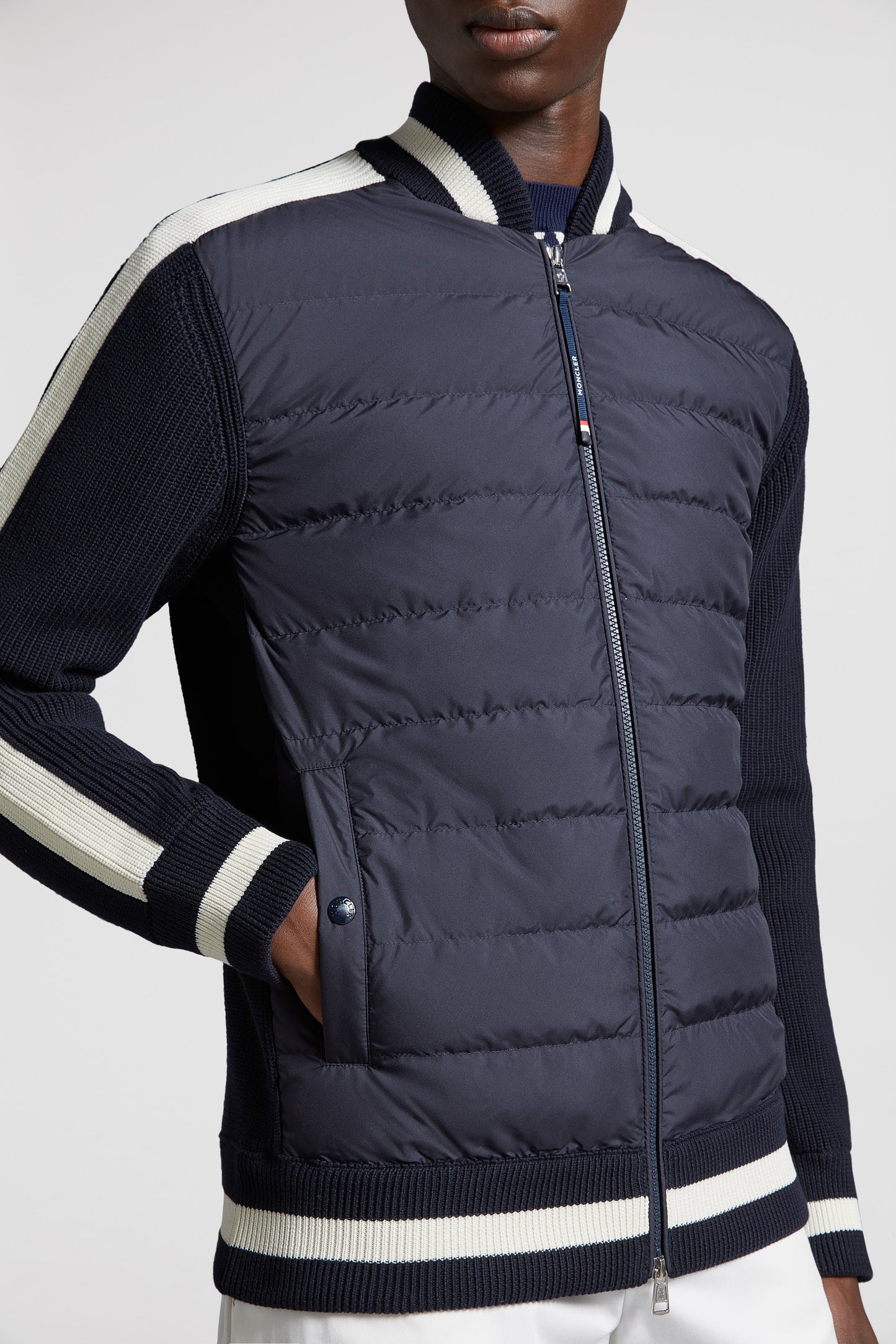 bi-material jacket, luxury outerwear, Moncler jacket, blue and beige jacket, high-end fashion