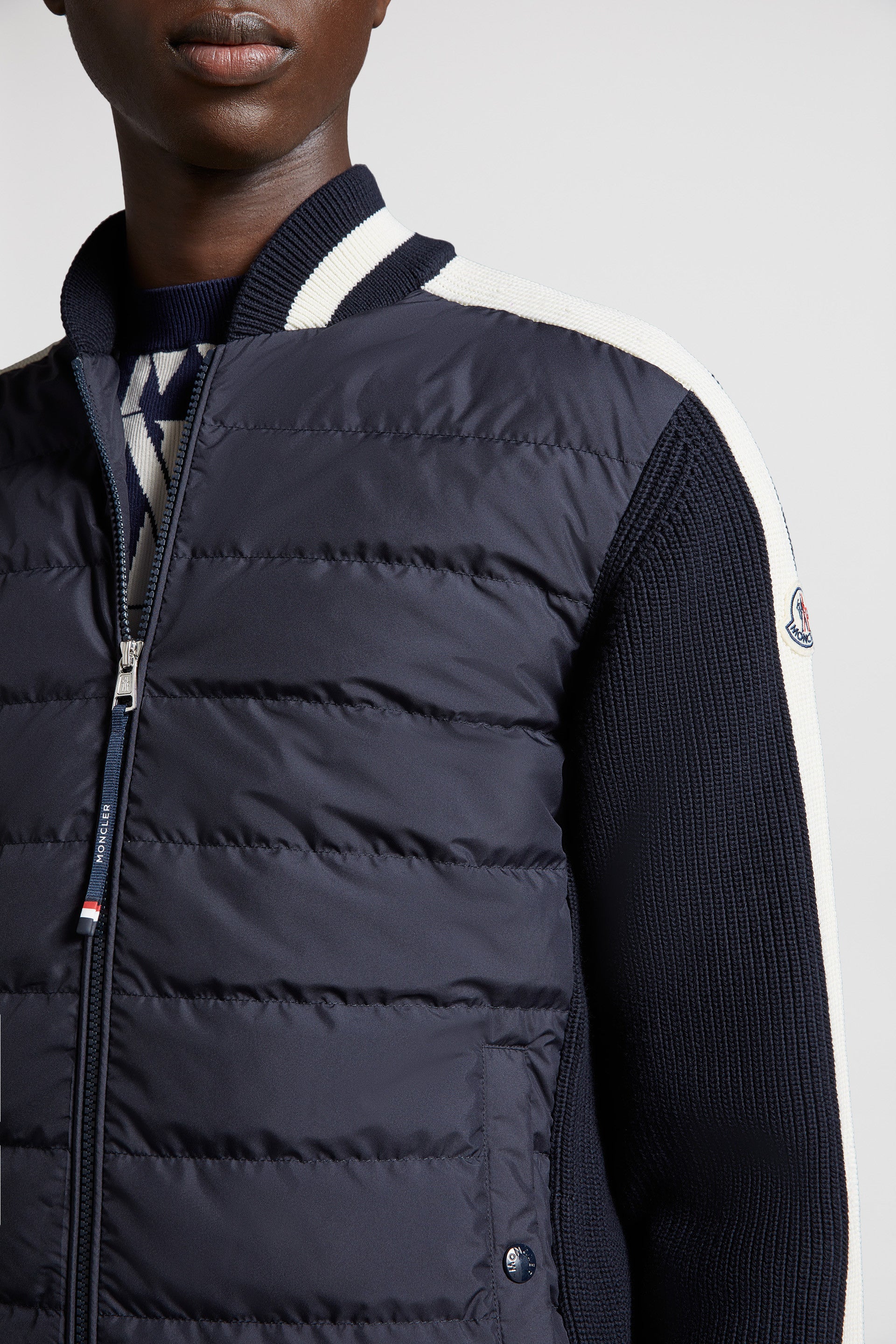 bi-material jacket, luxury outerwear, Moncler jacket, blue and beige jacket, high-end fashion