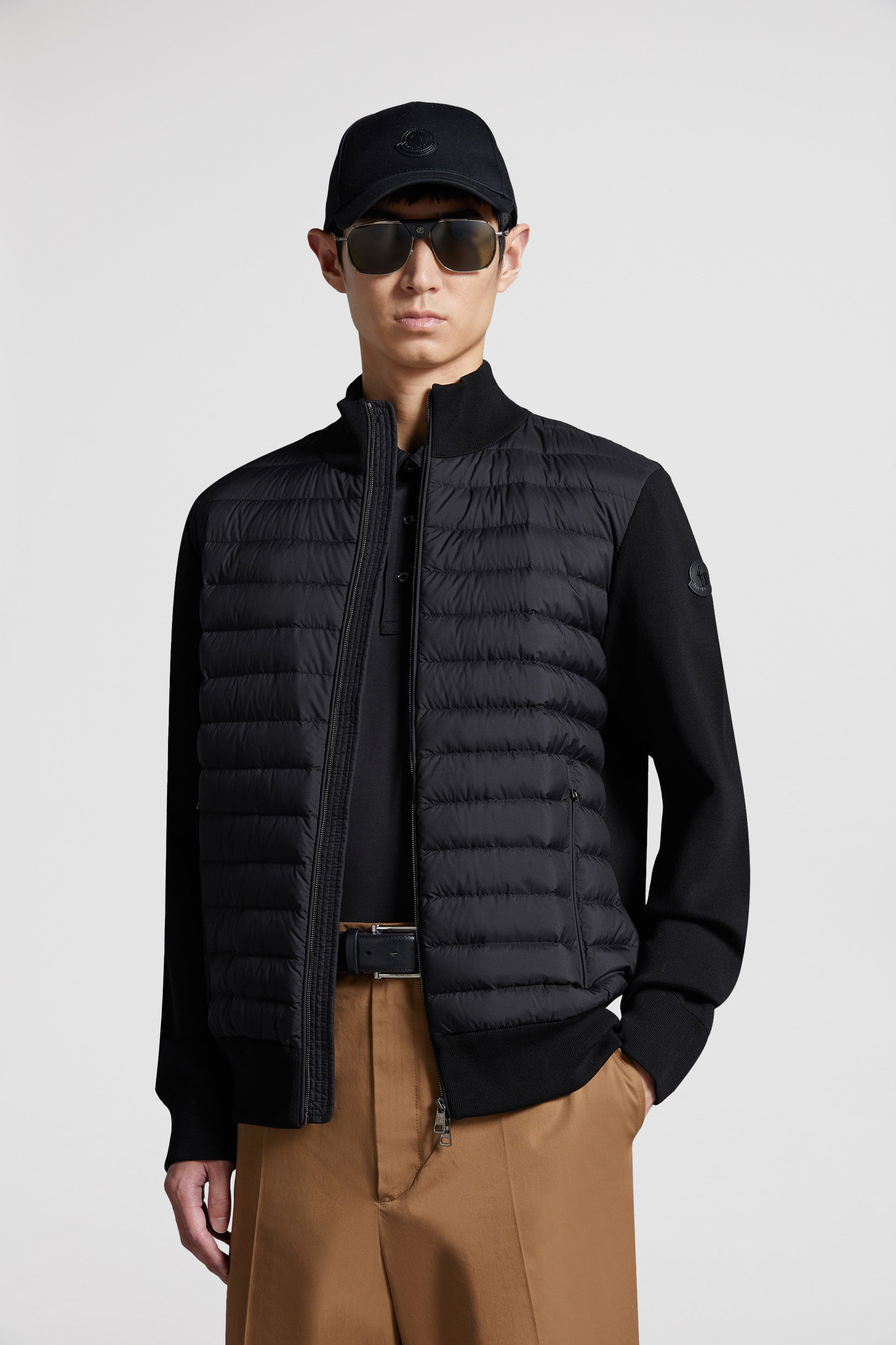 Moncler jacket, quilted jacket, luxury outerwear, black jacket, mixed-material jacket