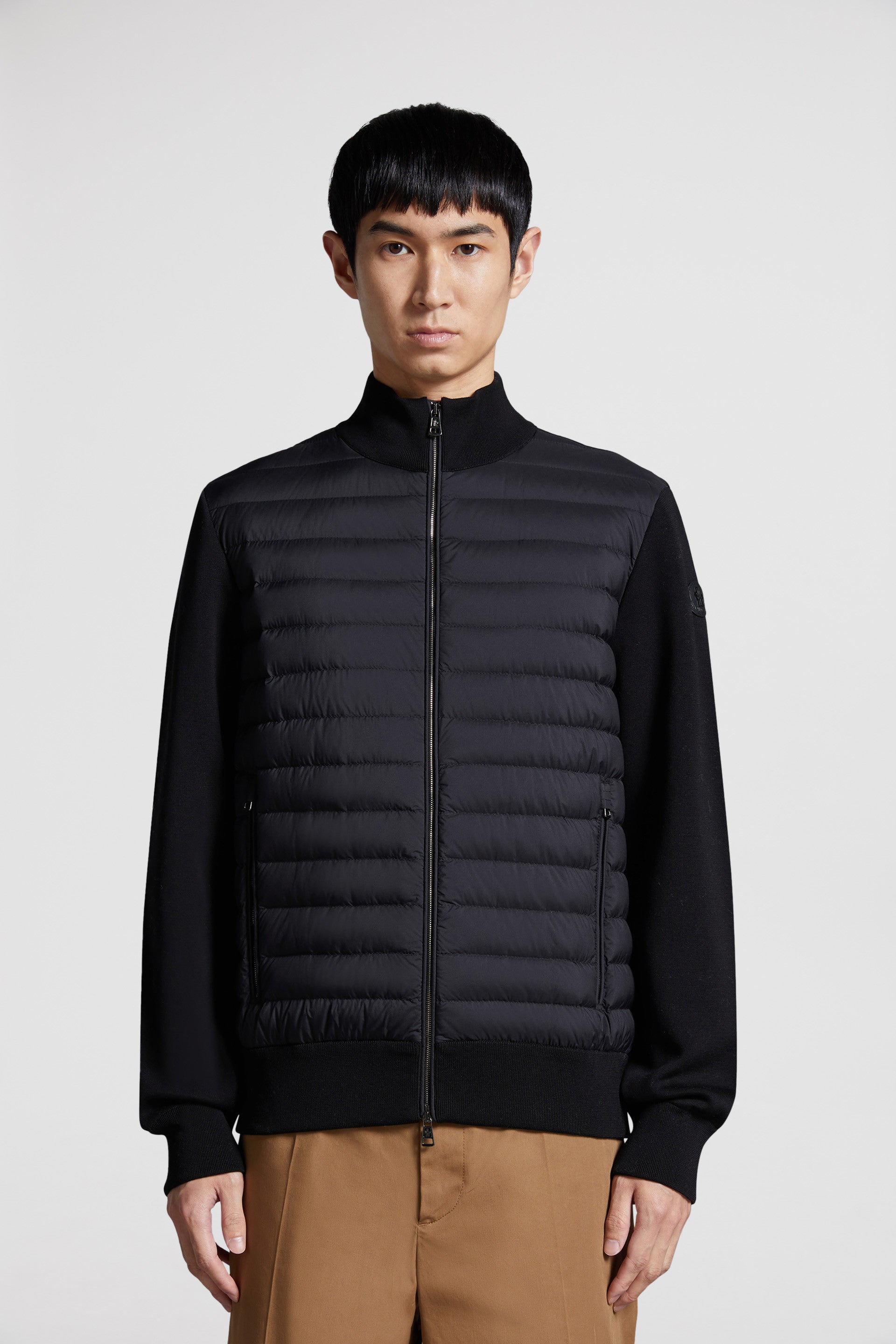 Moncler jacket, quilted jacket, luxury outerwear, black jacket, mixed-material jacket