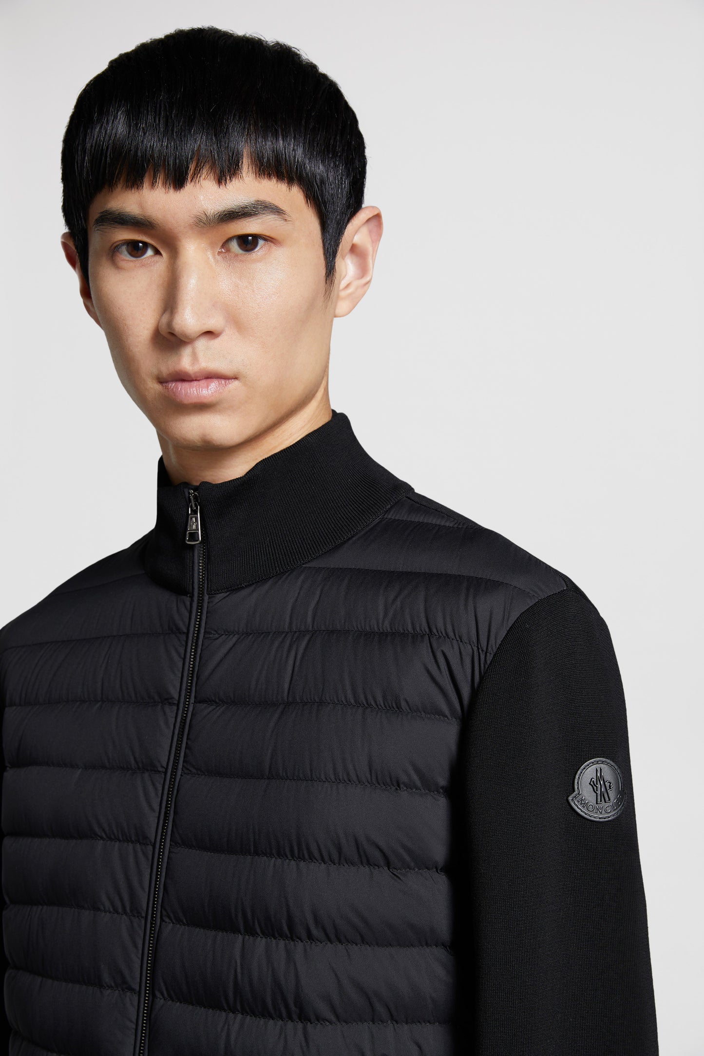 Moncler jacket, quilted jacket, luxury outerwear, black jacket, mixed-material jacket