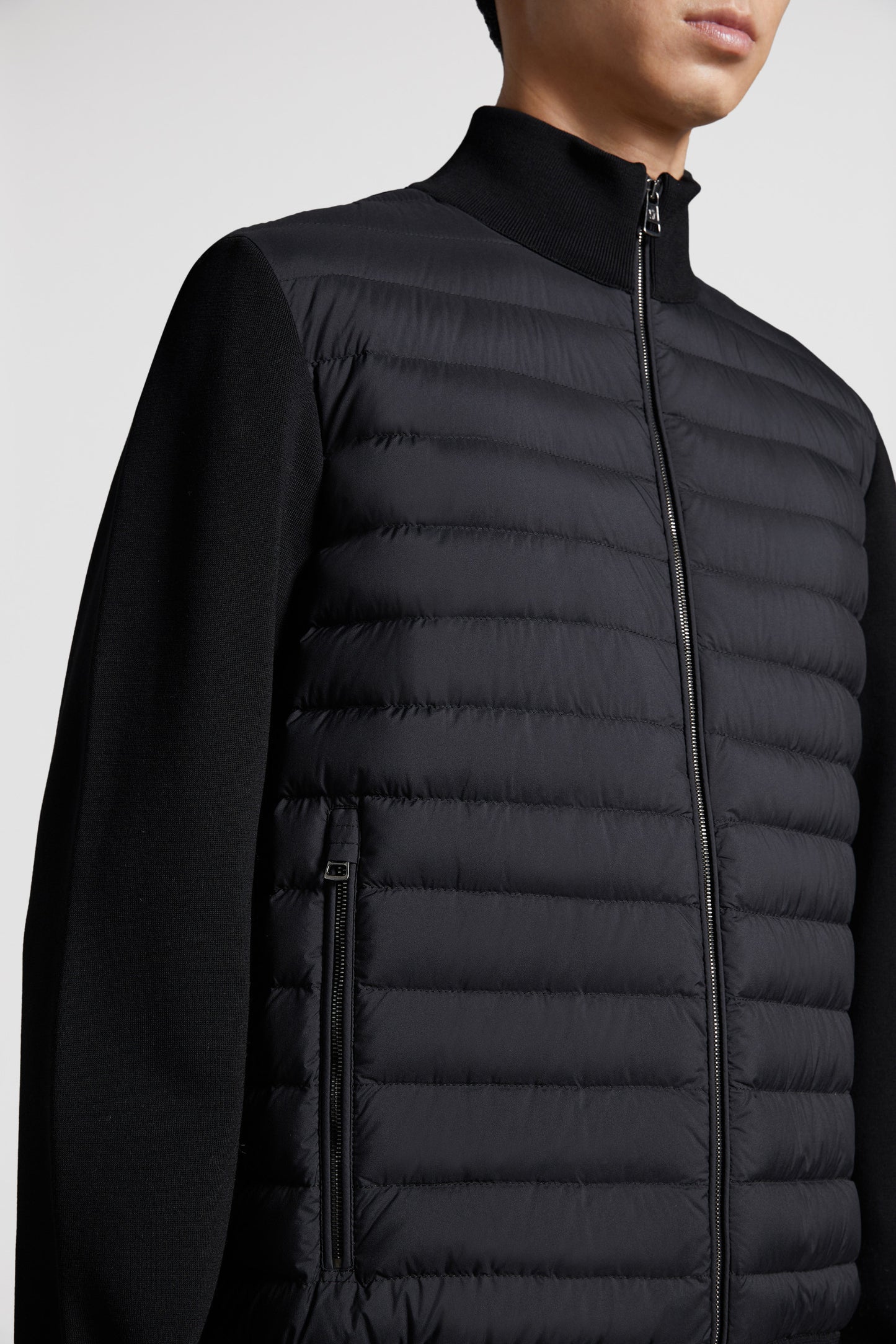 Moncler jacket, quilted jacket, luxury outerwear, black jacket, mixed-material jacket