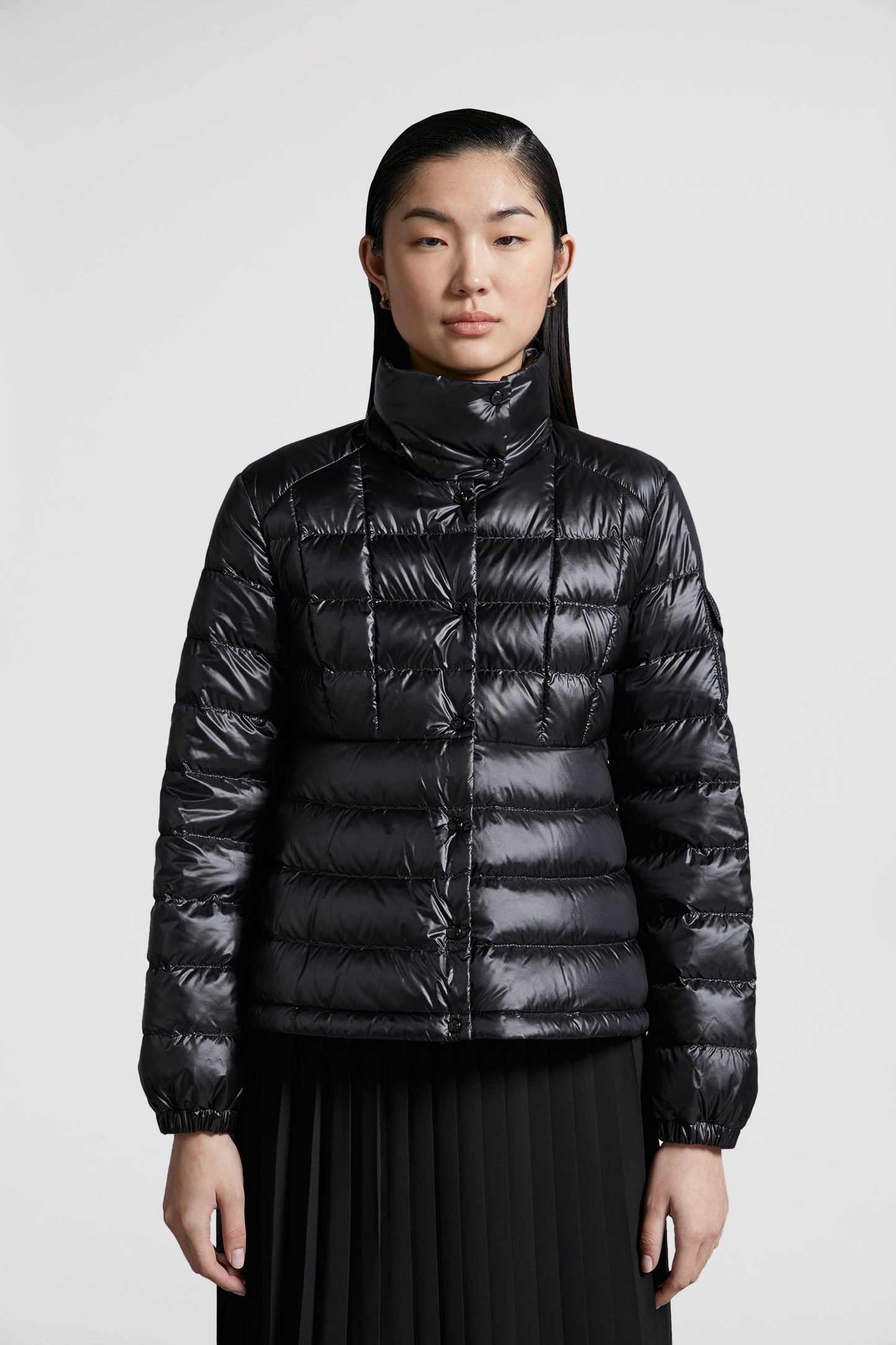 luxury outerwear, black down jacket, Moncler jacket, winter fashion, high-end fashion